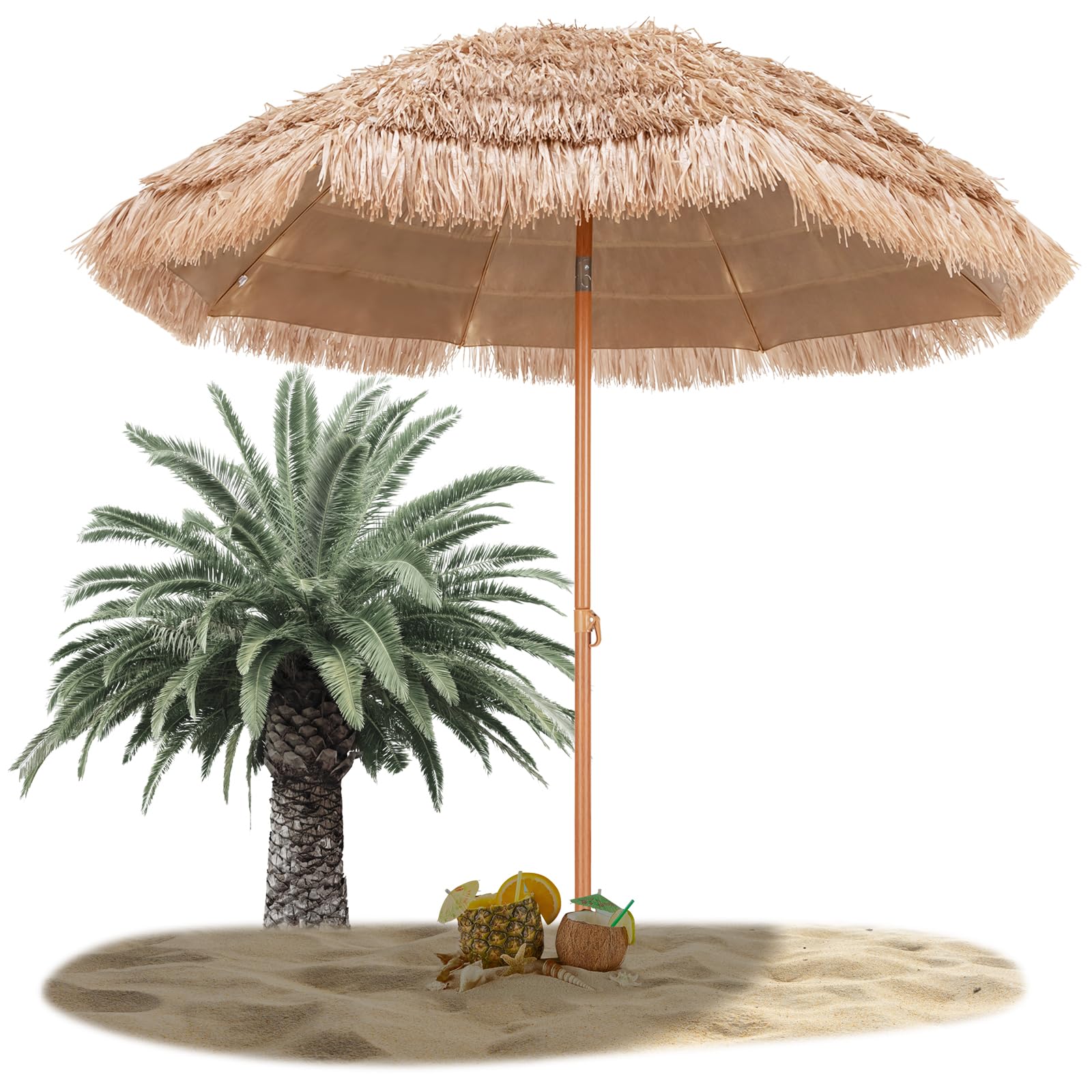RELAX4LIFE Parasol Plage Tropicale Φ220 CM, Parasol Exotique Paille Hawaïen 8 Baleines Inclinable pour Balcon Patio Balcon