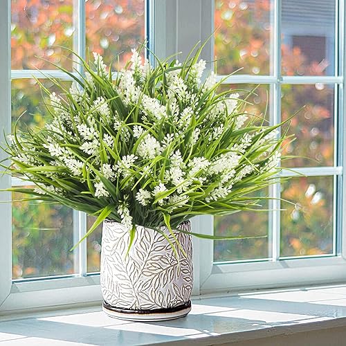 Miniatura 3 de 20 paquetes de plantas artificiales para exteriores, hierba falsa de mono con flores (blanco)