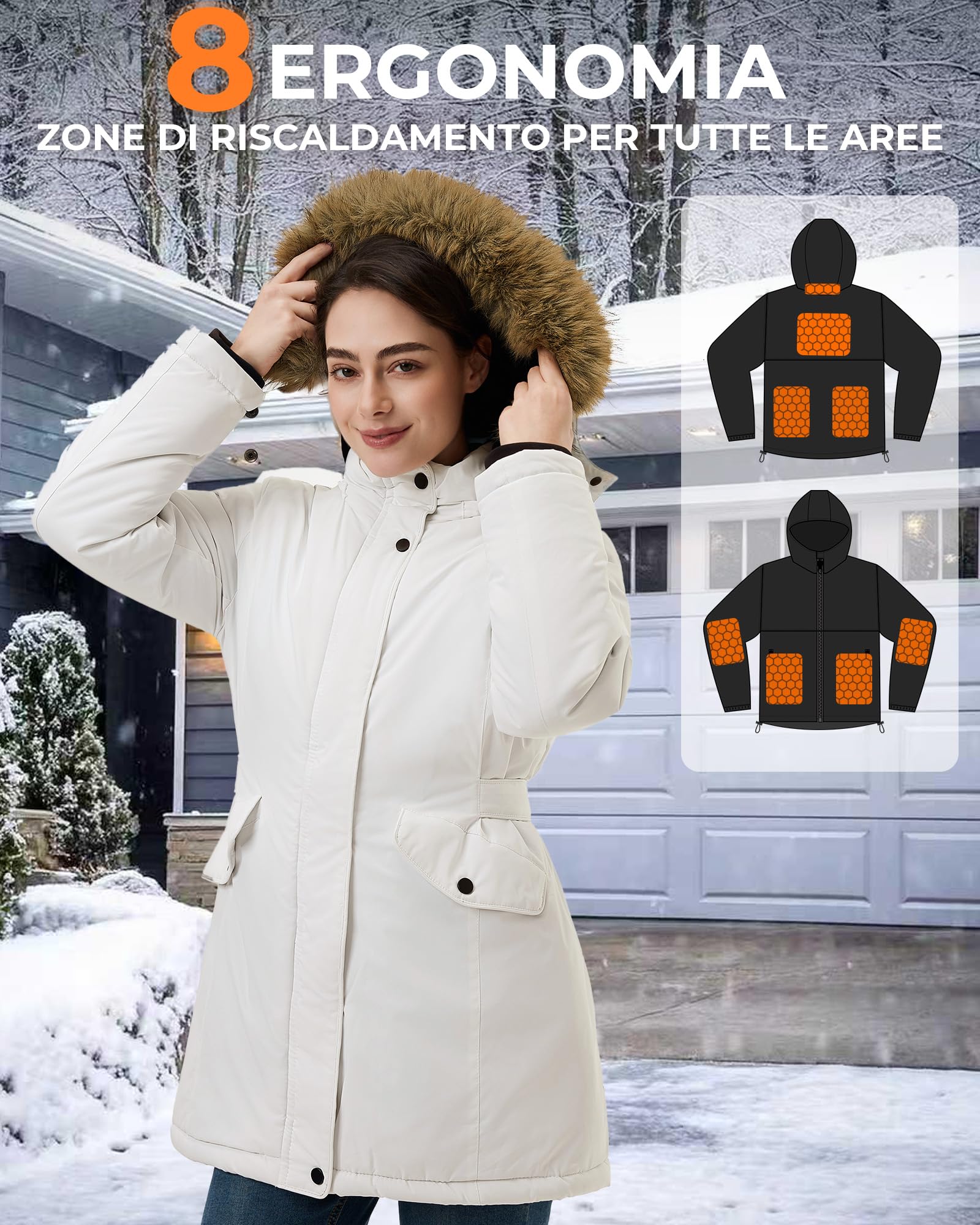 Giacca Riscaldata Donna Con Batteria 12v 18400mah,8 zone di riscaldamento con 3 livelli di temperatura,Parka caldo e impermeabile con cappuccio in pelliccia sintetica rimovibile