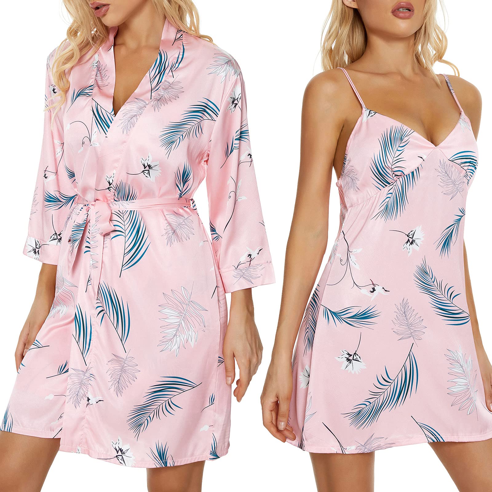 Photo 1 of Ysoea Satin Robes Set Women's Silk Nightgown Sexy Lace Cami Nightwear 2 Piece Sleepwear Floral Lingerie Bridesmaids Robe Sets Pink Medium