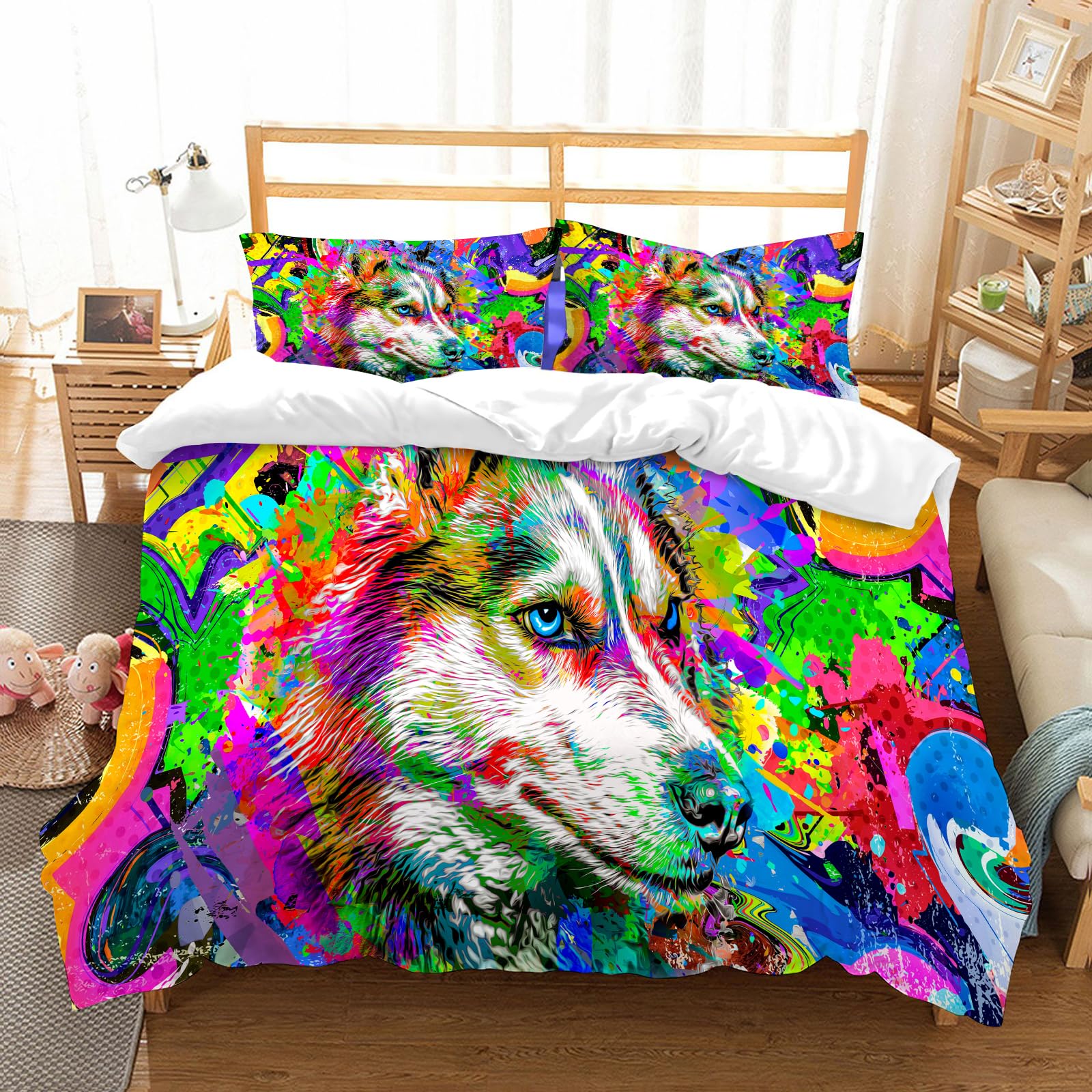 Parure de lit microfibre 228x264cm facile d'entretien anti-plis motif chien abstrait