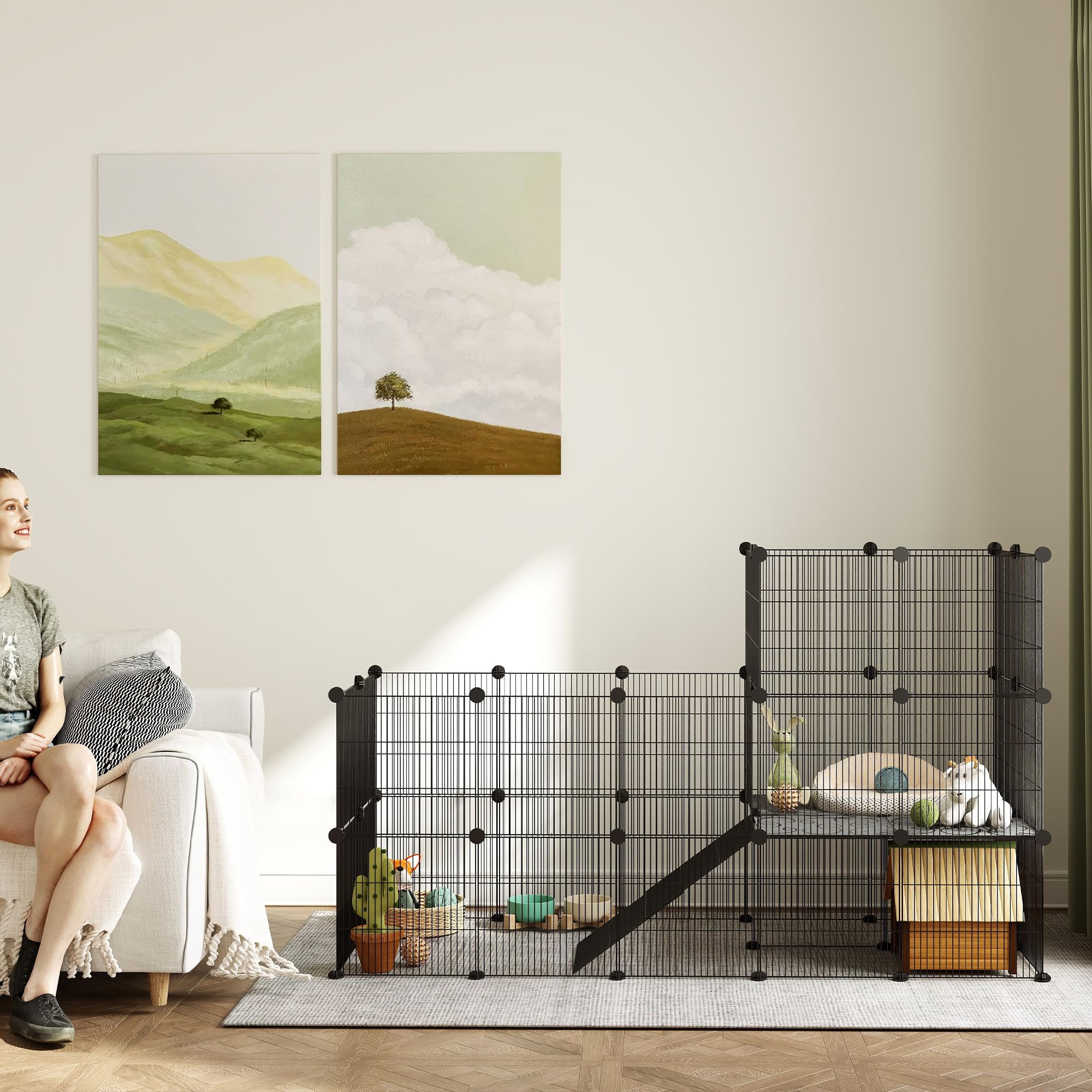 PawHut Enclos pour Petits Animaux, Cage à Lapin modulable 2 Niveaux, 39 Panneaux avec Rampe, Parc clôture pour Animaux domestiques intérieur pour cochons d'Inde, Lapins, hérissons, en Acier, Noir