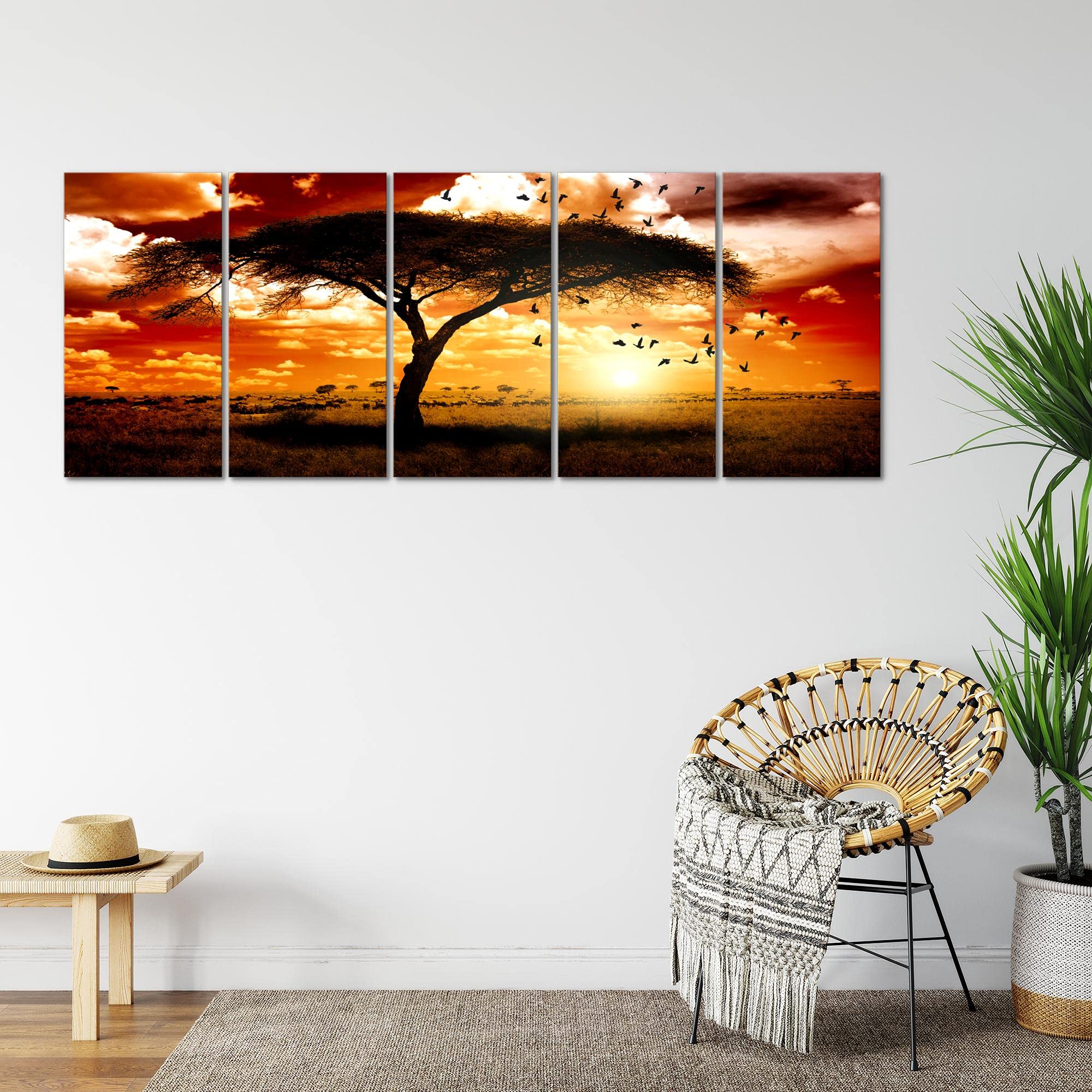 Runa Art Wandbild XXL Afrika Sonnenuntergang Wohnzimmer Schlafzimmer 200 x 80 cm Orange 5 Teilig - Made in Germany - 001555c
