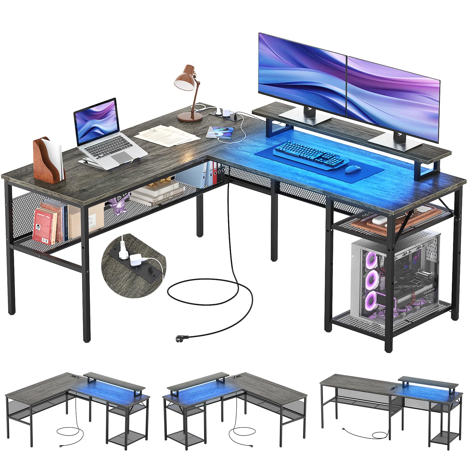 iSunirm Scrivania Gaming a L,110x80 cm Scrivania Angolare Reversibile con LED,Scrivania ad L per Casa Ufficio,Scrivania Computer con 2 Prese e 2 Porte USB,Quercia Grigia