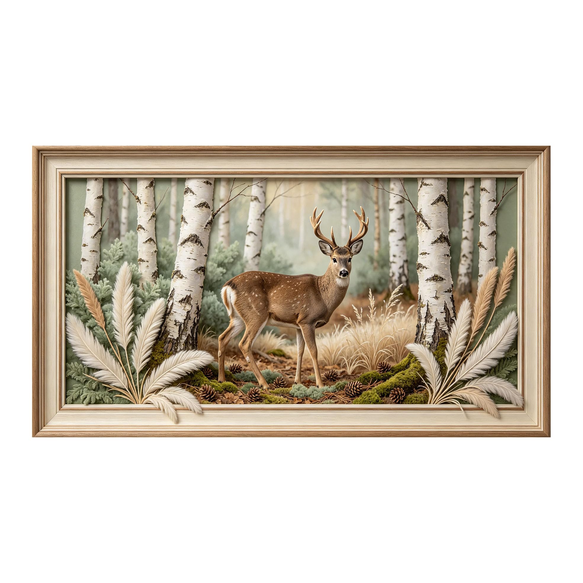 Yzpallescene 3D 3D Framed Wall Art 50cm×90cm Deer Birch Forest Landscape Realistic Oil Painting Large Size SelfAdhesive Removable Wall Decor Prints Artwork for Living Room Bedroom Office