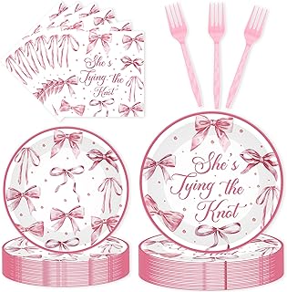 96 Pcs Shes Tying the Knot Bridal Shower Decorations, Pink Bow Themed Tableware Set with Plates Napkins Forks for 24 Guests, Bride to Be Bachelorette Party Supplies