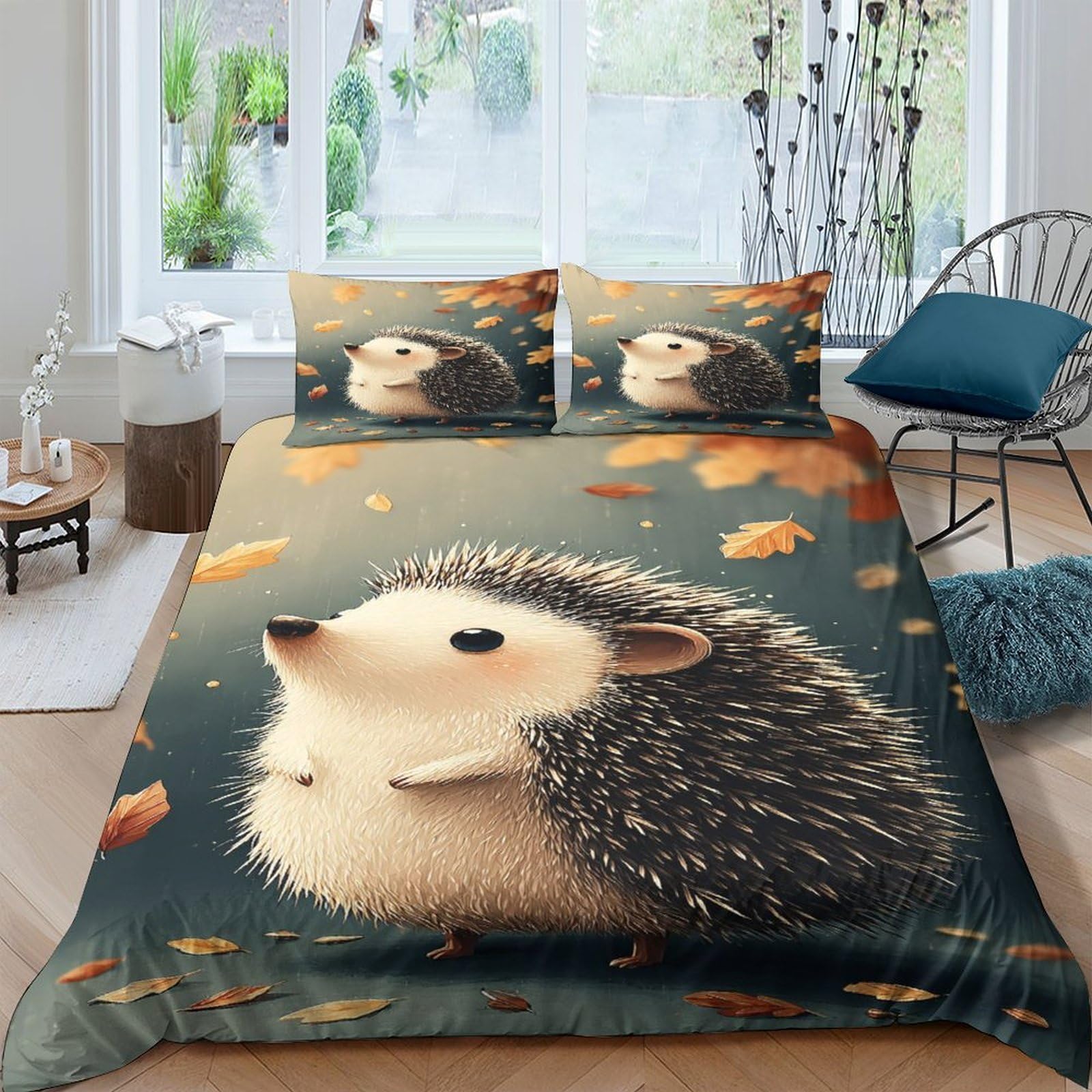 Ctjqhvkz Style-3 3D Printed Hedgehog Autumn Leaves Fitted Sheet Microfiber Soft Non Slip Bed Cover For Bedroom Guest Room Decor Single（135X200cm）