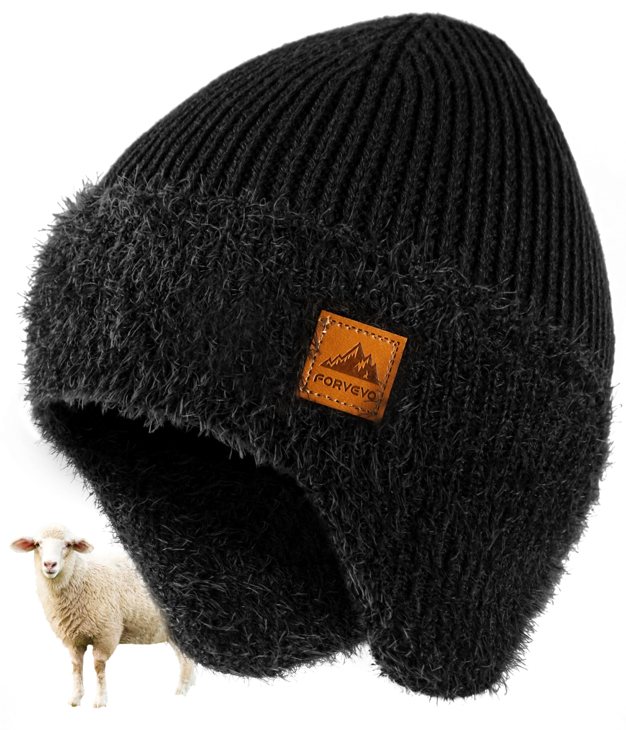 FORVEVO Mens Beanie Hat with Earflaps, Winter Hats with Thick Warm Fleece Lining, Thermal Knit Wooly Beanie Hats for Winter Daily Life Outdoor Running Skiing, Black