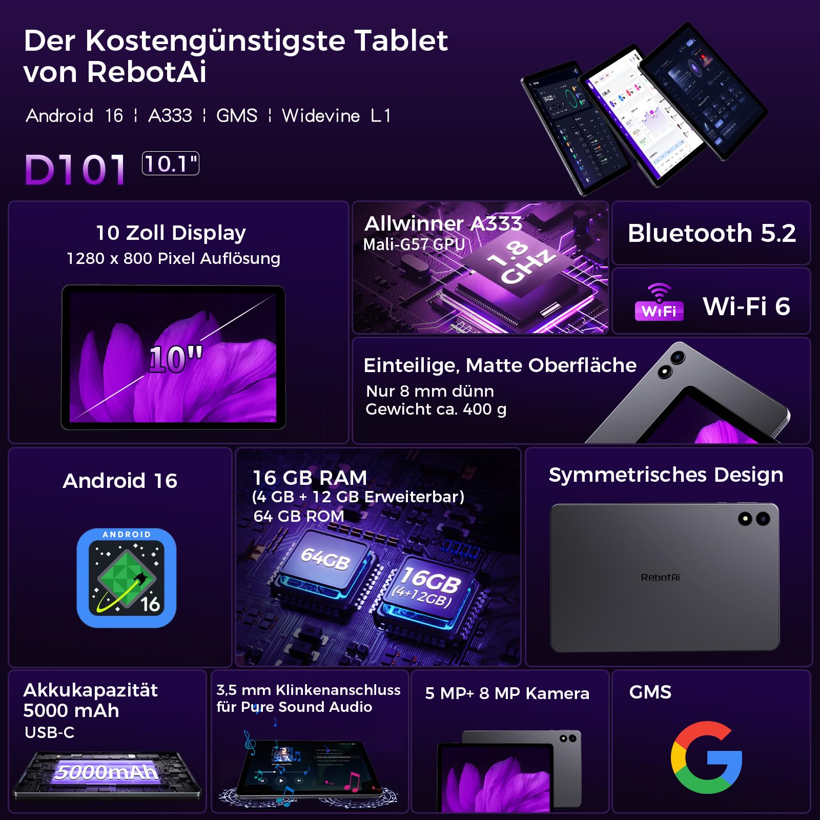 2026 Neuestes Tablet 10.1 Zoll Android 16 mit Gemini AI, 16GB RAM + 64GB ROM, GMS Widevine L1, WiFi 6 & BT 5.2, Dünn und leicht Tablet mit Gesichtserkennung (Grau)
