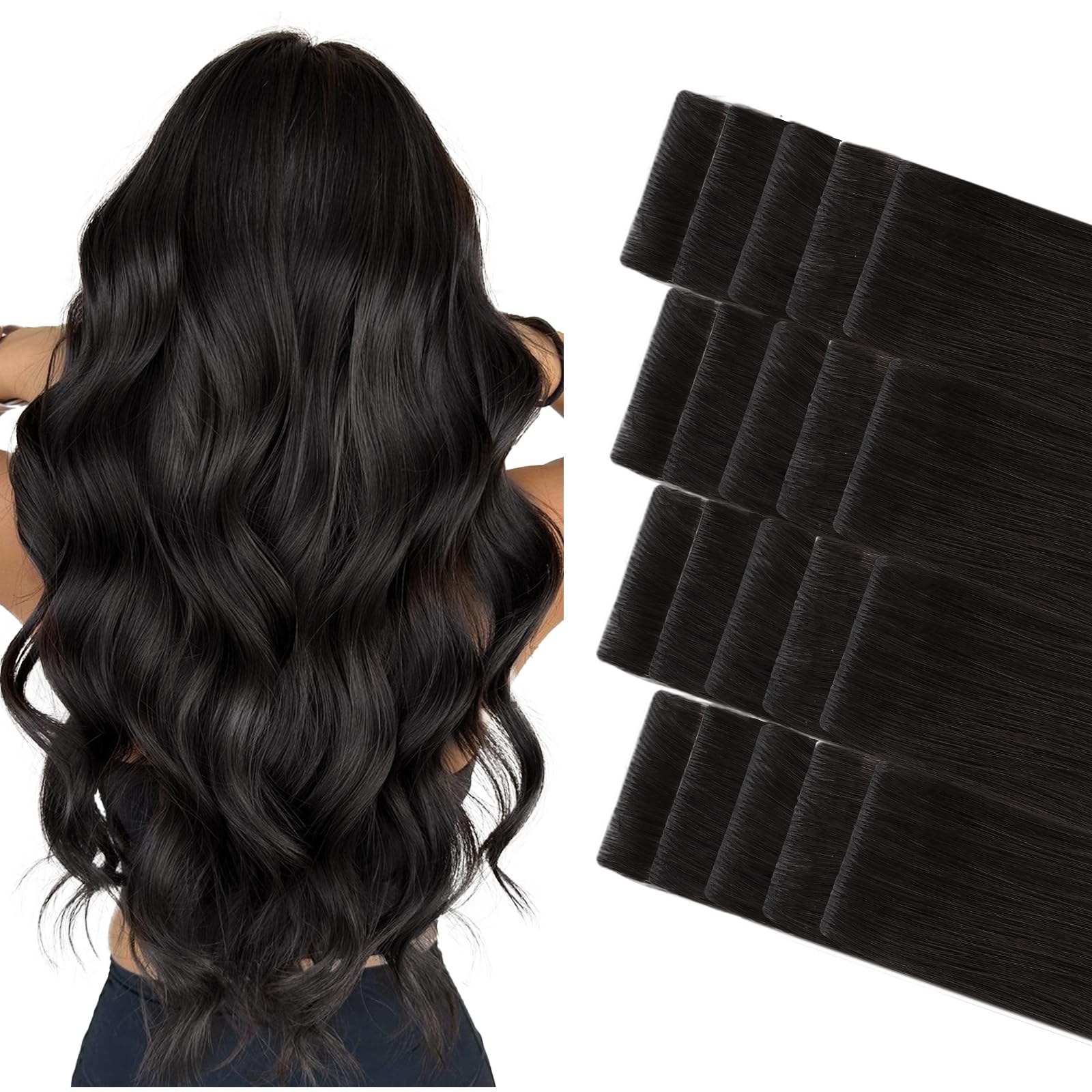 GOO GOO Invisi Edge Tape in Hair Extensions Human Hair, 1B Natural black