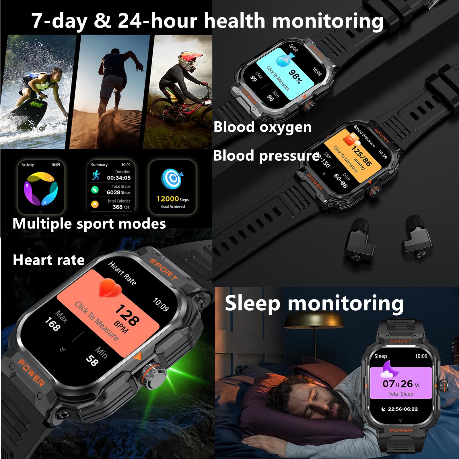 GT55 - Smartwatch militare con auricolari, robusto, tattico, con cuffie TWS, Bluetooth, chiamate, sport, attività all'aperto, fitness, monitoraggio della salute, orologio musicale per iPhone e Android