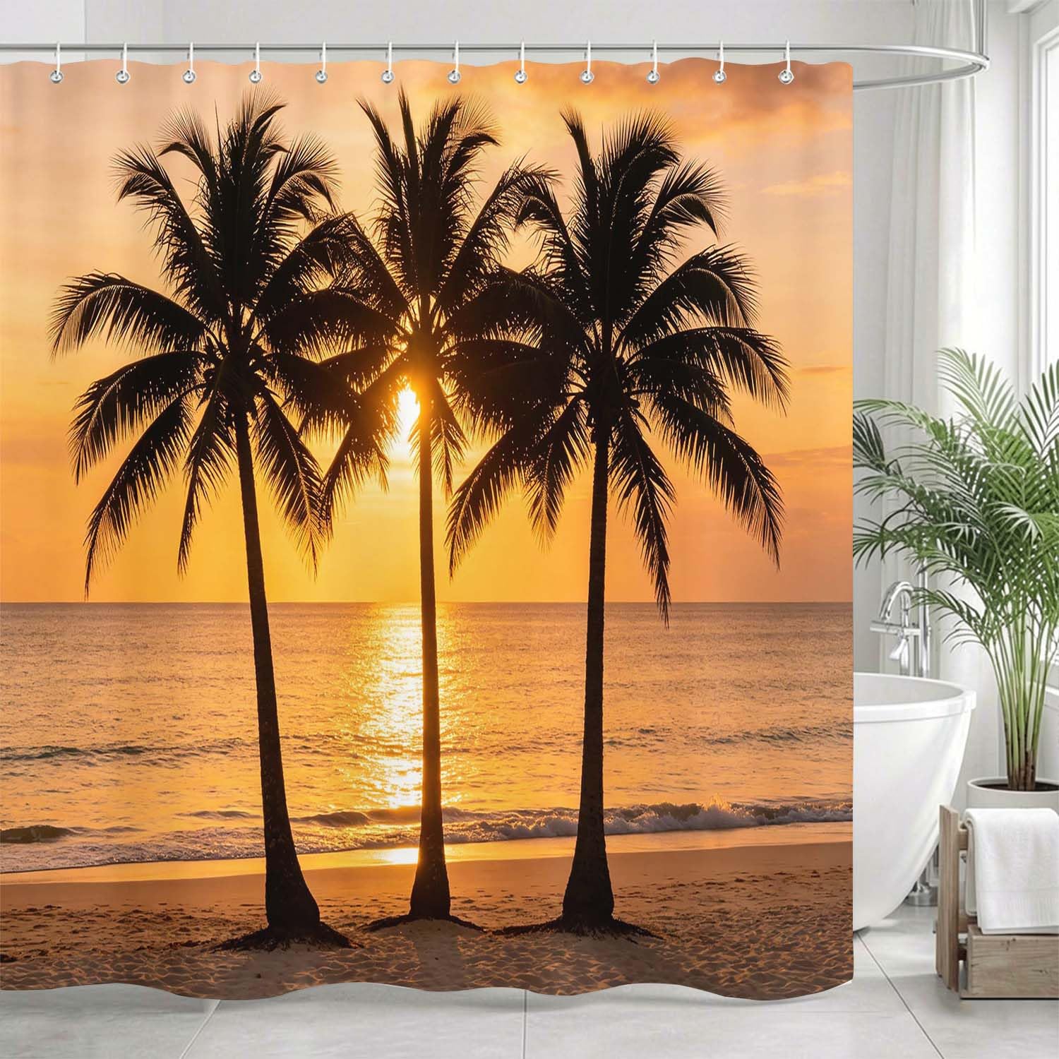Rideau de Douche Anti Moisissure Palmier, Rideau de Bain Coucher de Soleil sur la Mer 3D Rideaux de Douche en Polyester, Imperméable, Lavable en Machine, avec Crochets, 300 x 200 cm 77-YLP