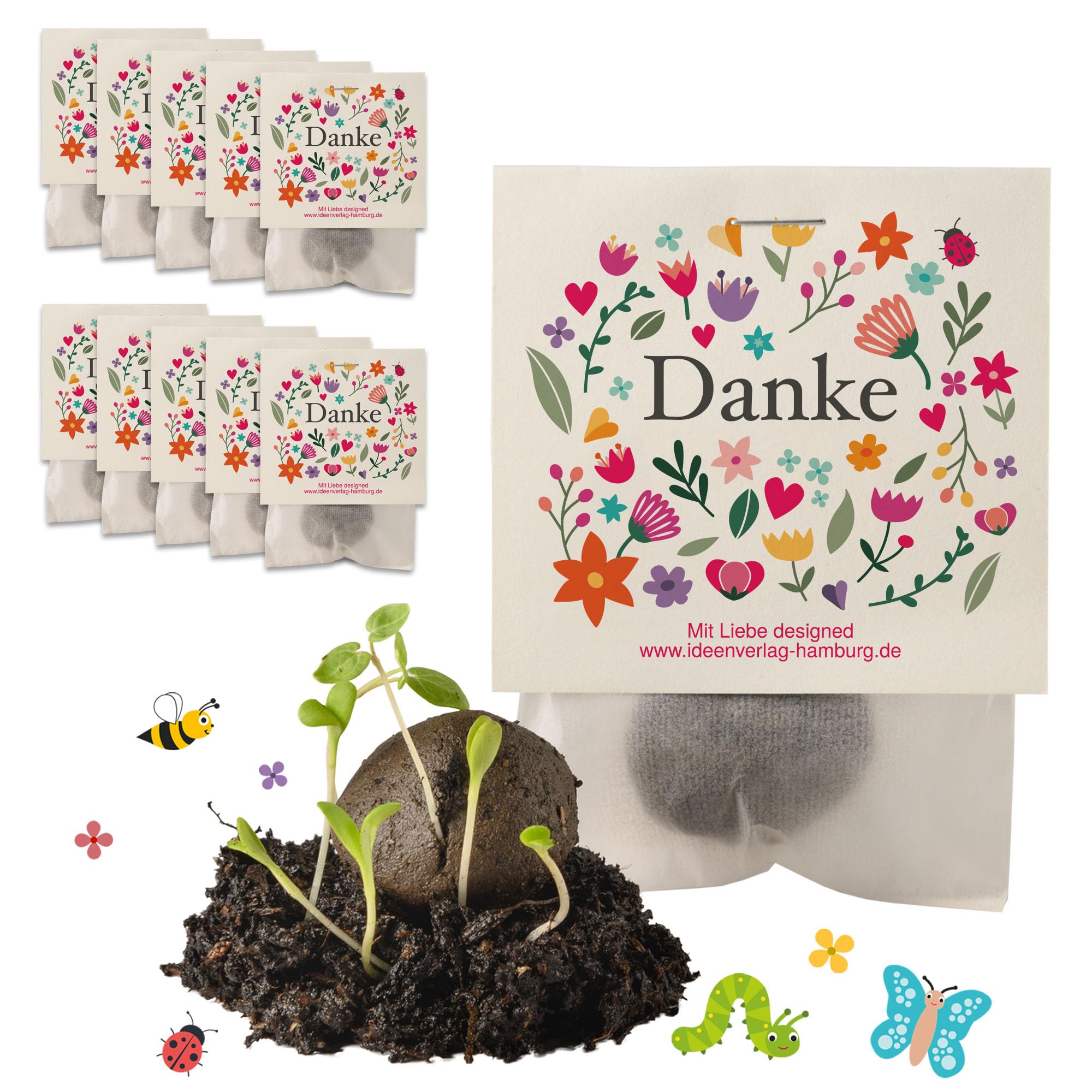 10x „Danke“ Samenbomben als kleine Dankeschön Geschenke | Abschiedsgeschenk Kollegen & kleine Geschenke für Frauen - Blumensamen Gastgeschenk - Handgemachte Seedbombs als Mitbringsel - Made in Germany