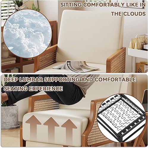 Miniatura 5 de Aklaus Juego de 2 sillas decorativas de mediados de siglo con reposabrazos de ratán, sillas tapizadas para sala de estar, sillas de lectura de tela,