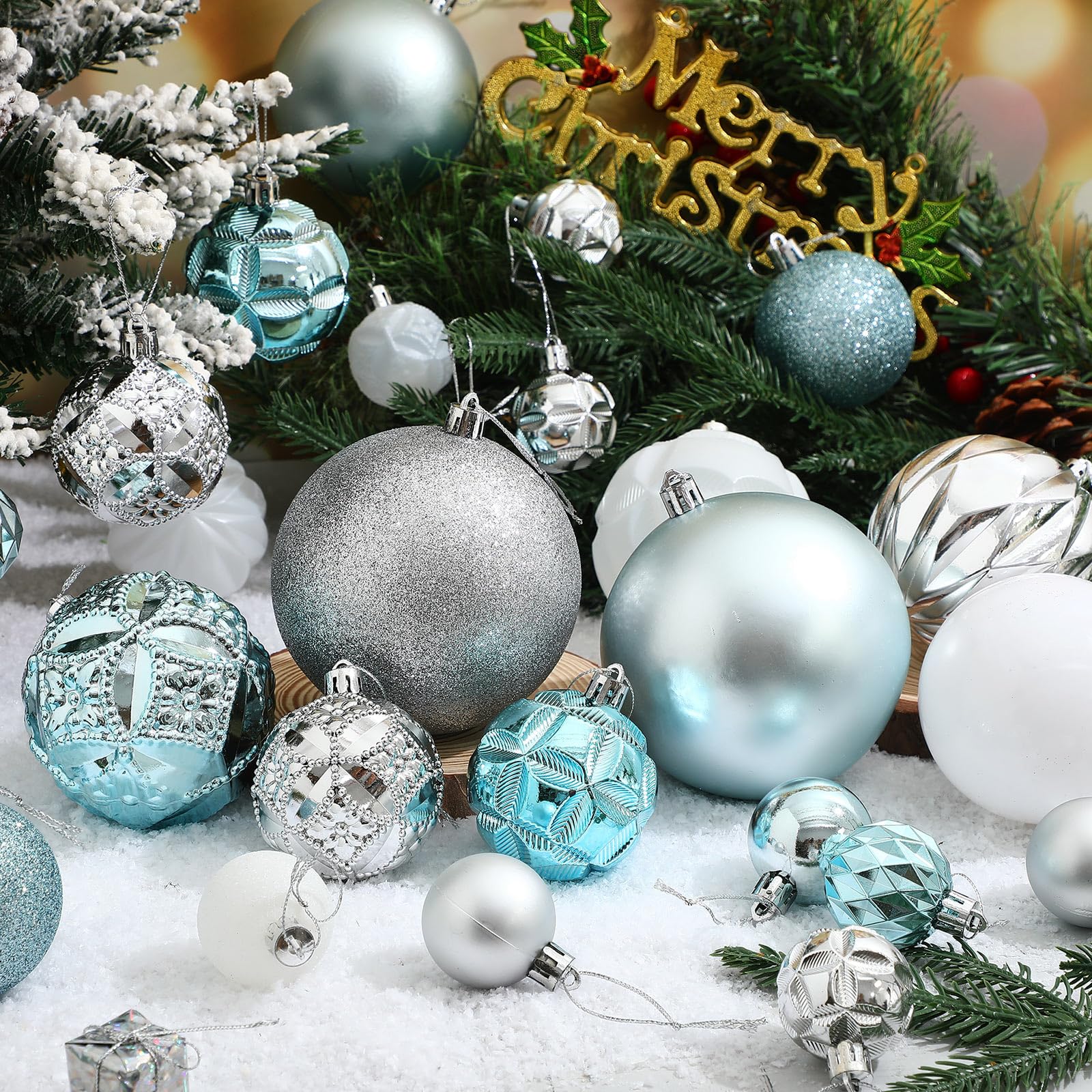 Soulchen Weihnachtskugeln-Set, mehrfarbig, bruchsicherer Kunststoff, hängende Kugeln in 4 Größen für Weihnachtsbaum-Dekoration (Blau, Silber, Weiß), 32-teilig