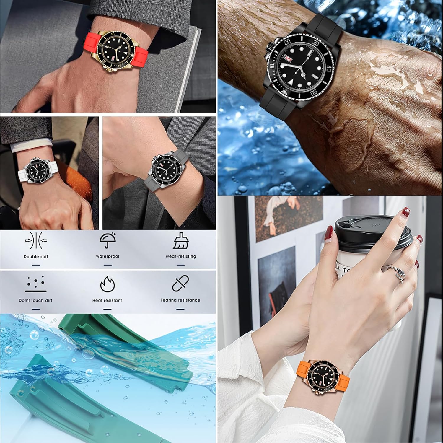 YISIWERA 20mm 22mm Silicone Watch Band, FKM Rubber Watch Strap for Men Women, Straight End with Solid Diving Deployment Double Buckle