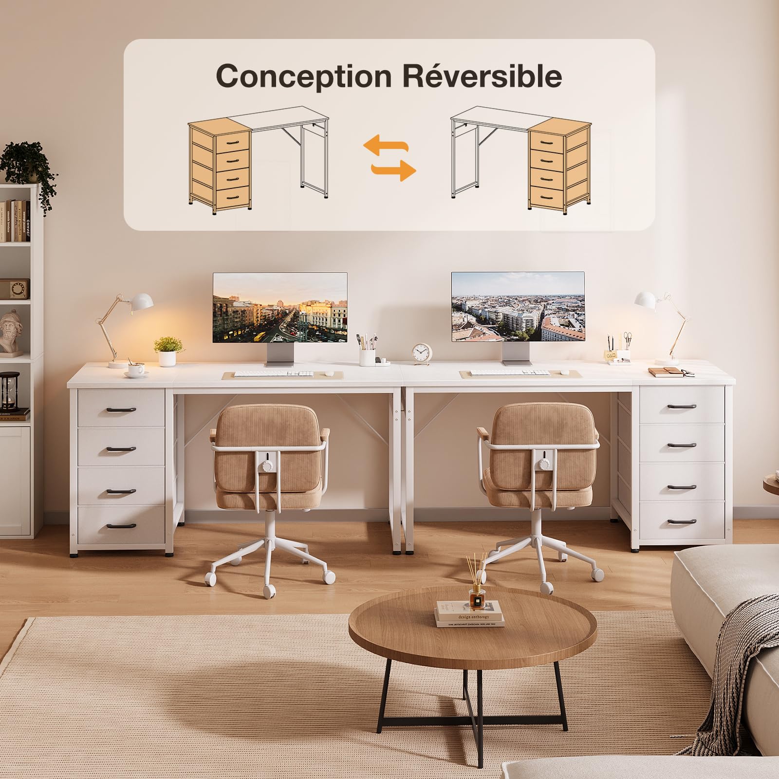 ODK Kleiner Schreibtisch mit 4 Schubladen, 100x48x75.7cm Computertisch Umkehrbarer Bürotisch mit Kopfhörer Halter, PC Tisch Holz für Heimbüro, Weiß