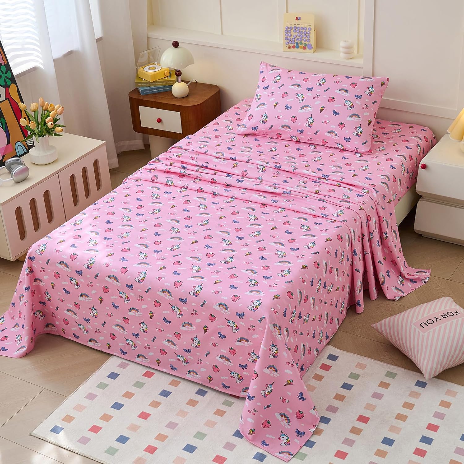 YIYEA 100% Cotton Kids Sheets, Ultra Soft Cozy Cute Bed Sheets Set for Girls, Boys, Teens, 16" Deep Pocket, 3PC, Twin