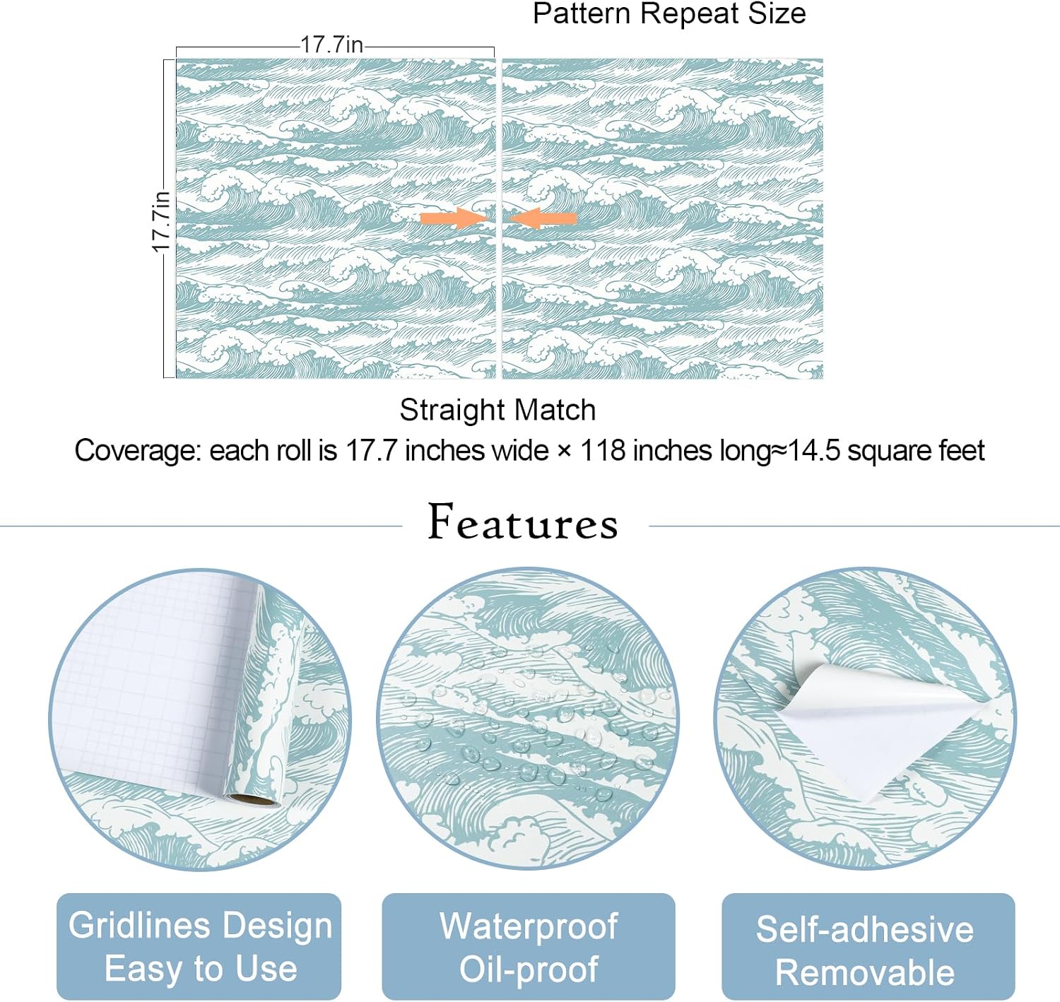 VaryStyle 17.7"x118" Vintage Wave Wallpaper Blue/Beige Ocean Coastal Peel and Stick Wallpaper Hand Drawn Stormy Waves Contact Paper for Cabinets Self Adhesive Stick on Wallpaper for Bathroom Bedroom