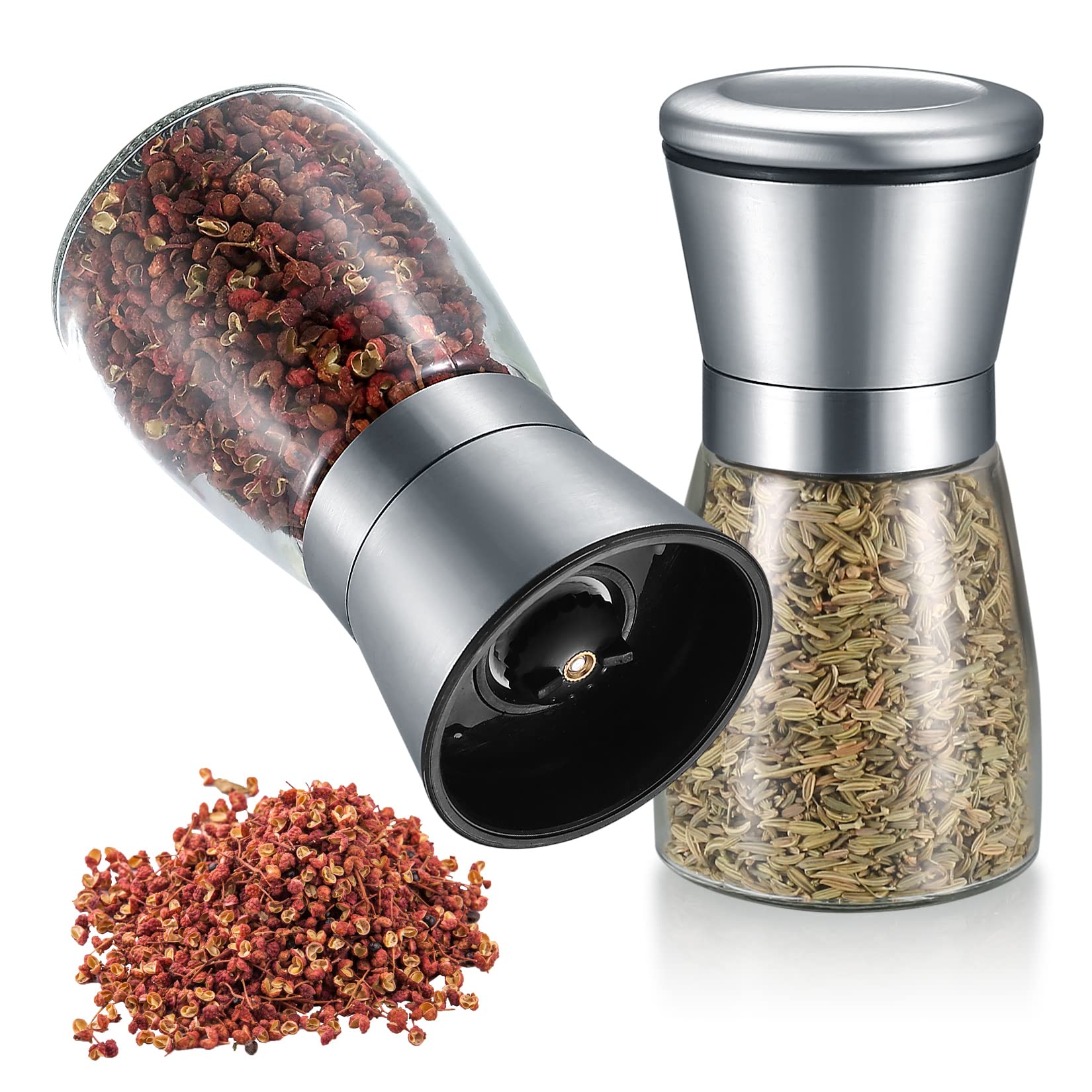2 Pcs Salt and Pepper Grinder Set, Adjustable Salt and Pepper Mills, Stainless Steel Glass Pepper and Salt Grinders Mills Shaker for Table, with Adjustable Coarseness - 175 ml