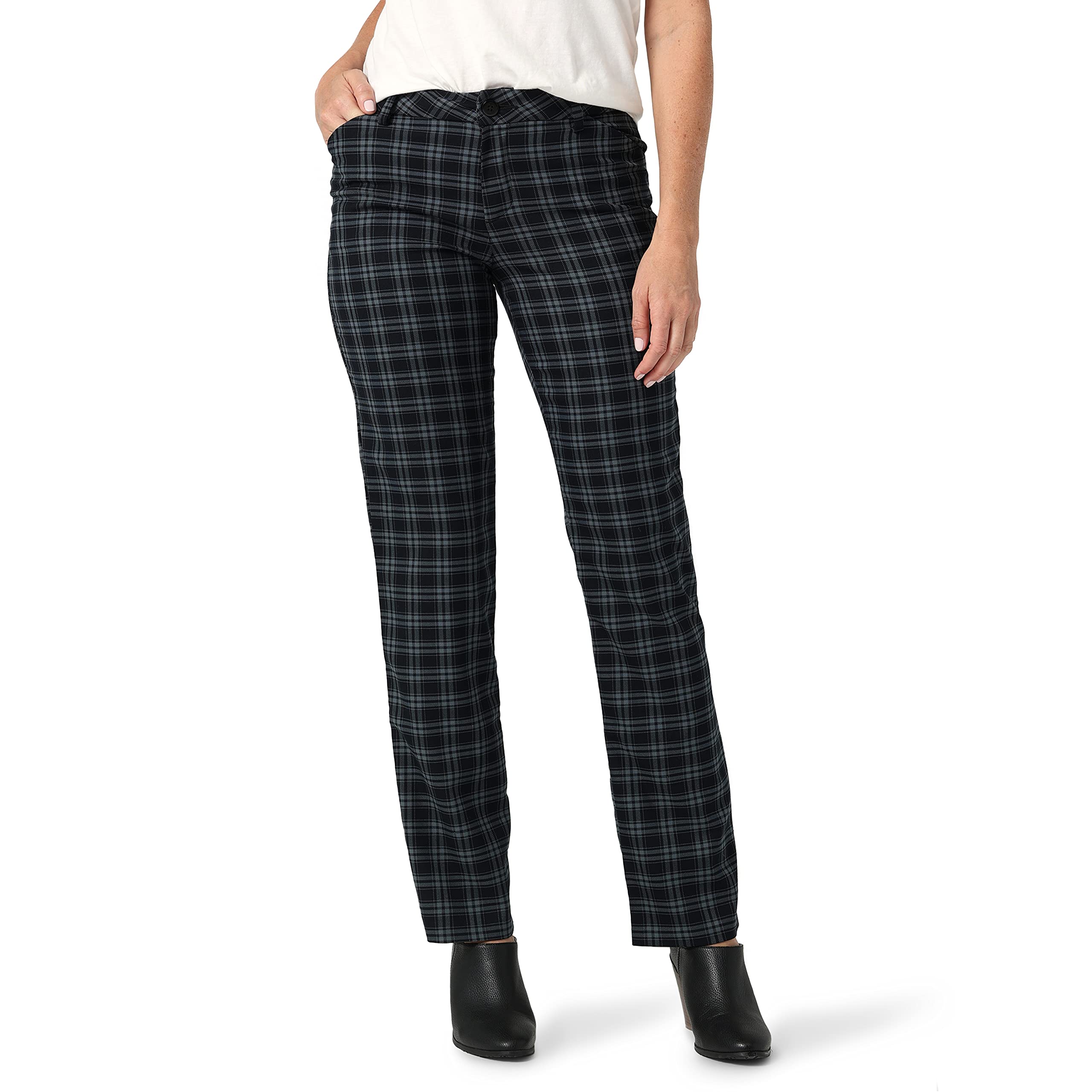 Lee Women's Unionall Black/Gray Houndstooth Wrinkle Free Relaxed Fit Straight Leg Pant, 14