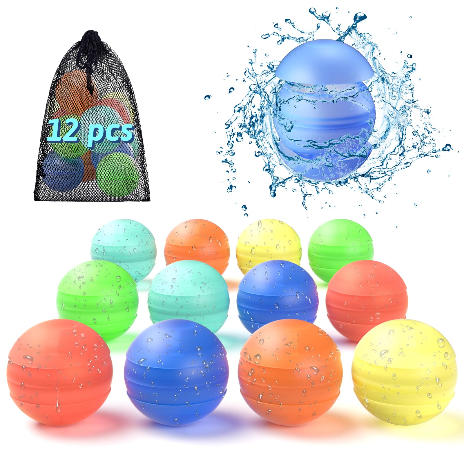 12 Pcs Ballons a Eau Réutilisable [Remplissage Rapide D'une Seule Main] Ballon d'eau à fermeture Automatique pour Enfants/Adultes, Jouets D'été pour Enfants de 3+, Sans aimant & Sécurité