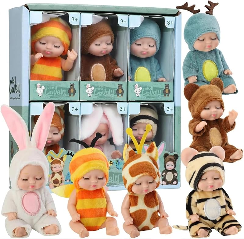 Mini Boneca Reborn Doll Lovely Fantasia Animal – Kit com 6 Unidades em Vinil 11cm | Modelos Abelha, Urso, Coelho, Girafa, Rena e Tigre | Roupinhas Removíveis | Brinquedo Infantil