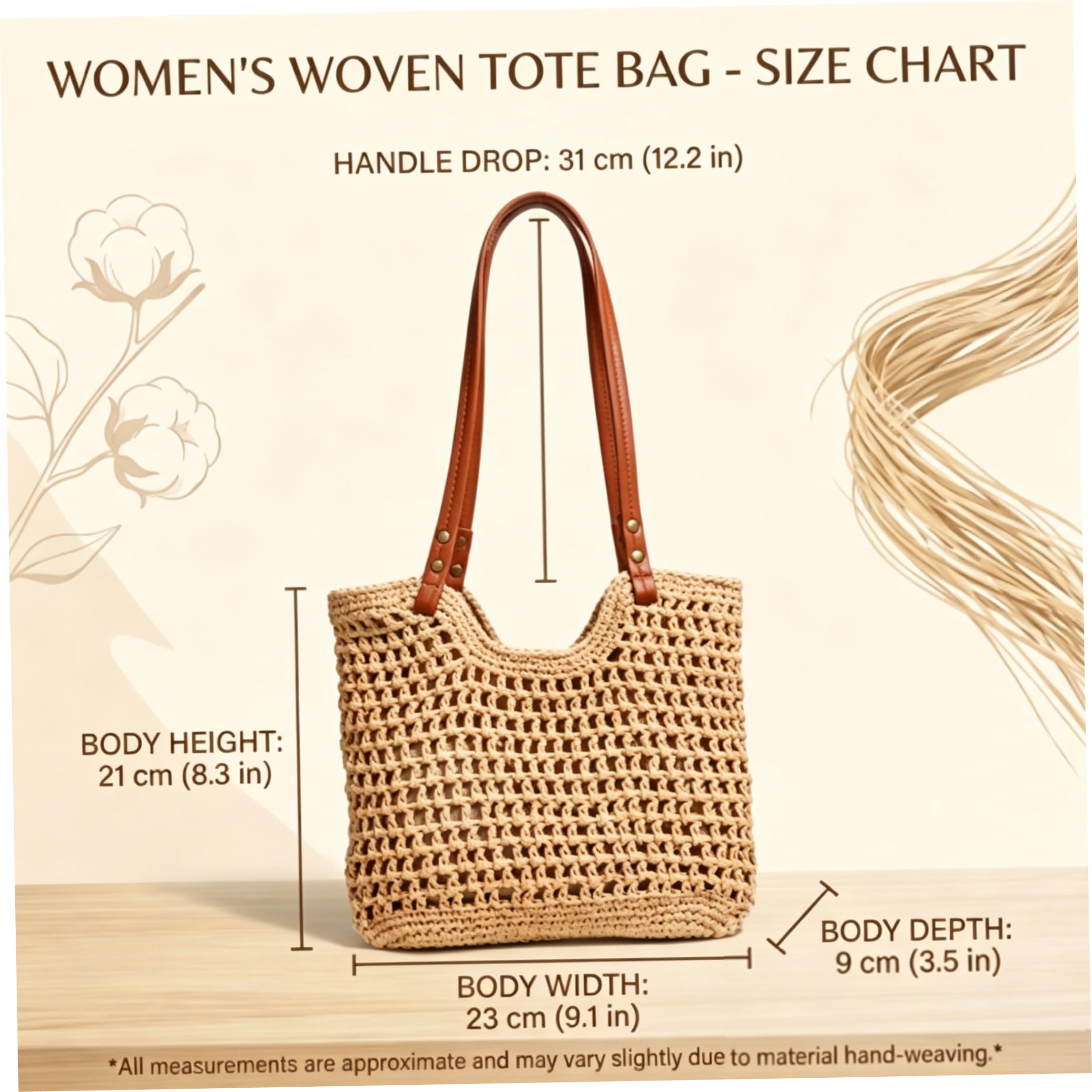 Borsa da Spiaggia Boho all'Uncinetto di capacità per Donna, Borsa in Tessuto con Cinturino in Pelle, di Paglia Fatta a Mano per Vacanze estive, Viaggi, Picnic