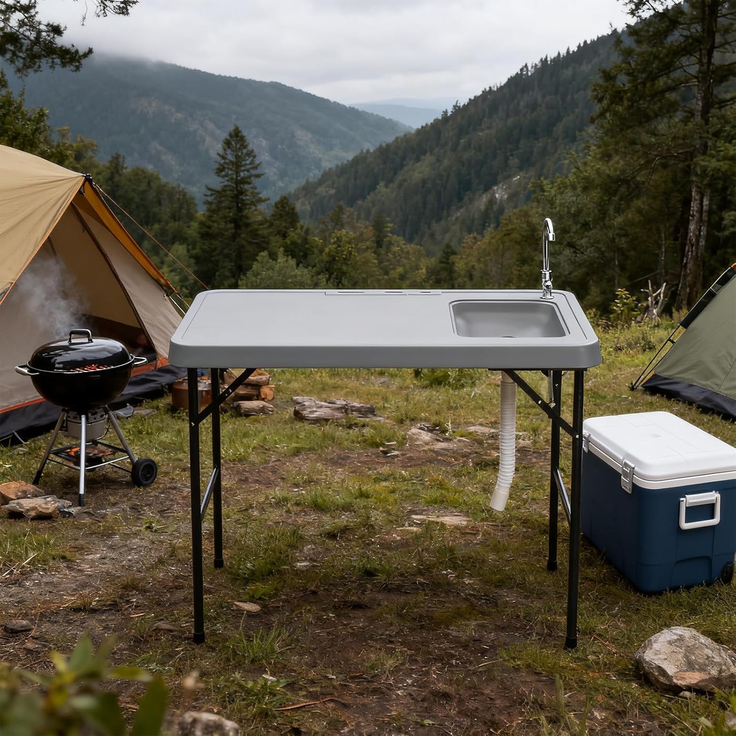 Outdoor Sink Fish Cleaning Table,Folding Fish Cleaning Table, Portable Camping Tables,Portable Camping with Cutting Tables with Sink Faucet,Outdoor Fillet Station for Picnic, Grey