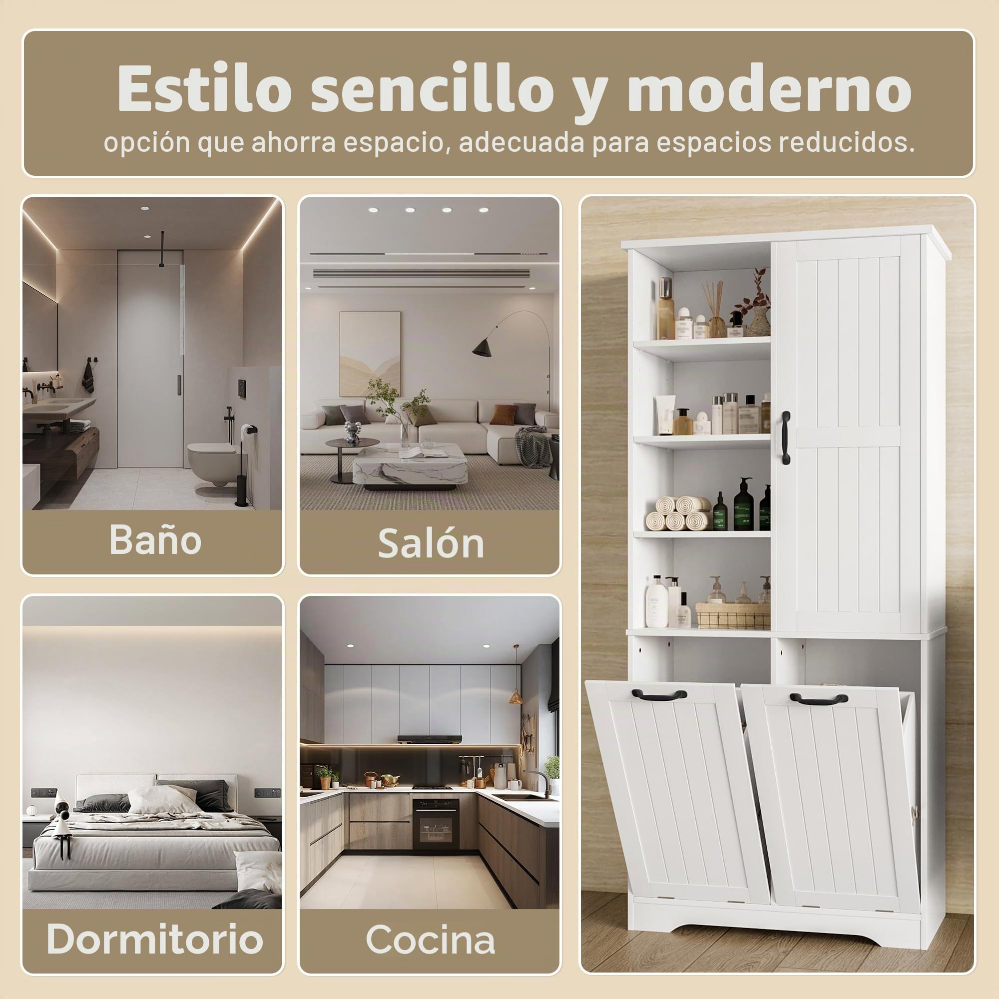 Armoire de salle de bain résistante à l'humidité 78 x 35 x 172 cm, double buanderie, 4 étagères ouvertes, 3 compartiments de porte, fonctions réglables pour un maximum d'espace de rangement