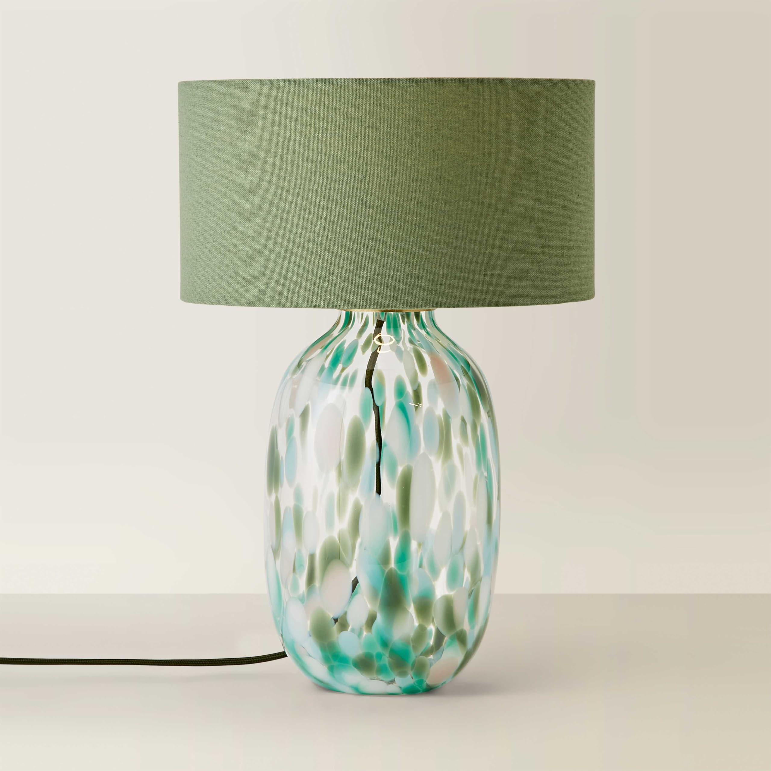 Valuelights Unisex Green Belinda Confetti Glass Table Lamp With Fabric Drum Shade In