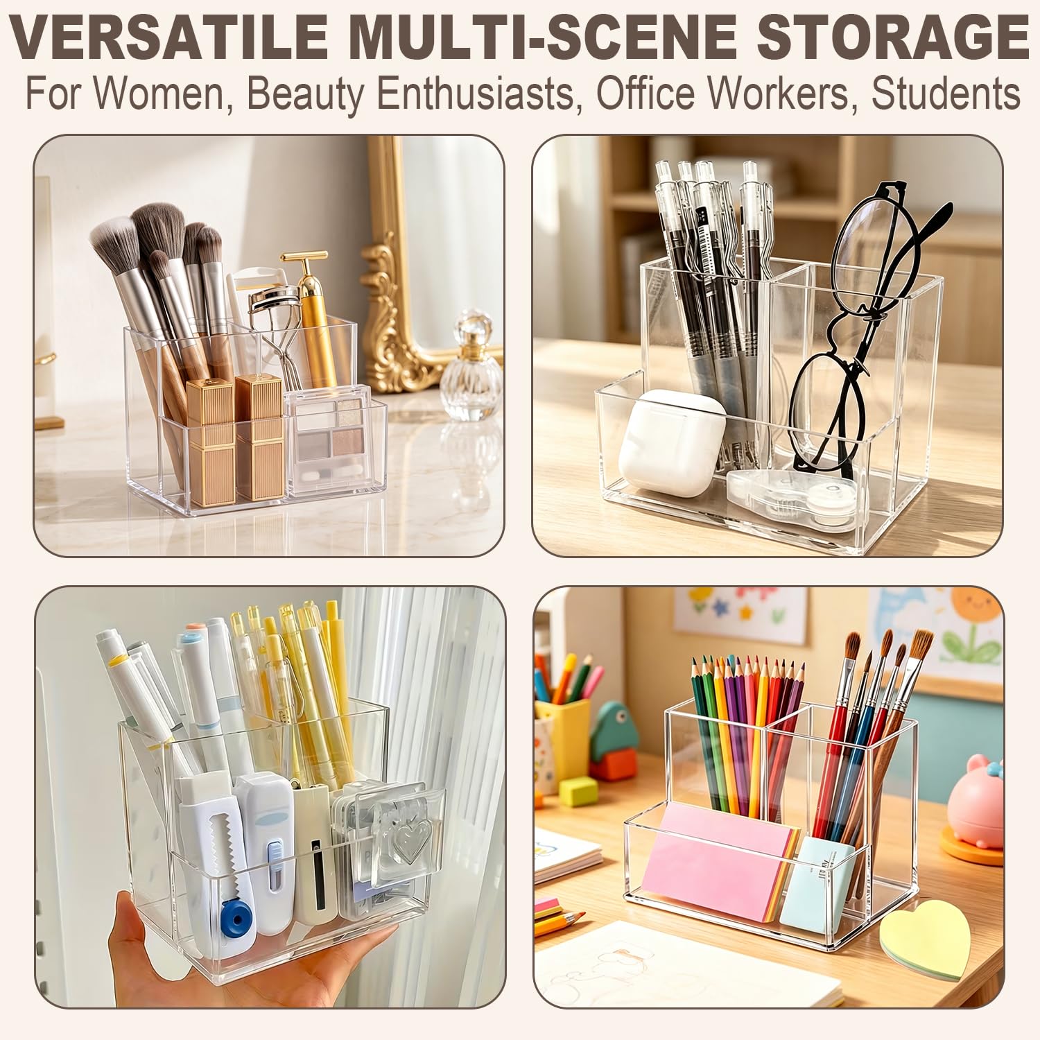 mioluo Clear PET Makeup Organizer, Lipstick Brush Holder for Bathroom Cabinet- Transparent Medicine Cabinet Organizer Multi Compartment Storage Box Holder for Countertop, Home Office Classroom