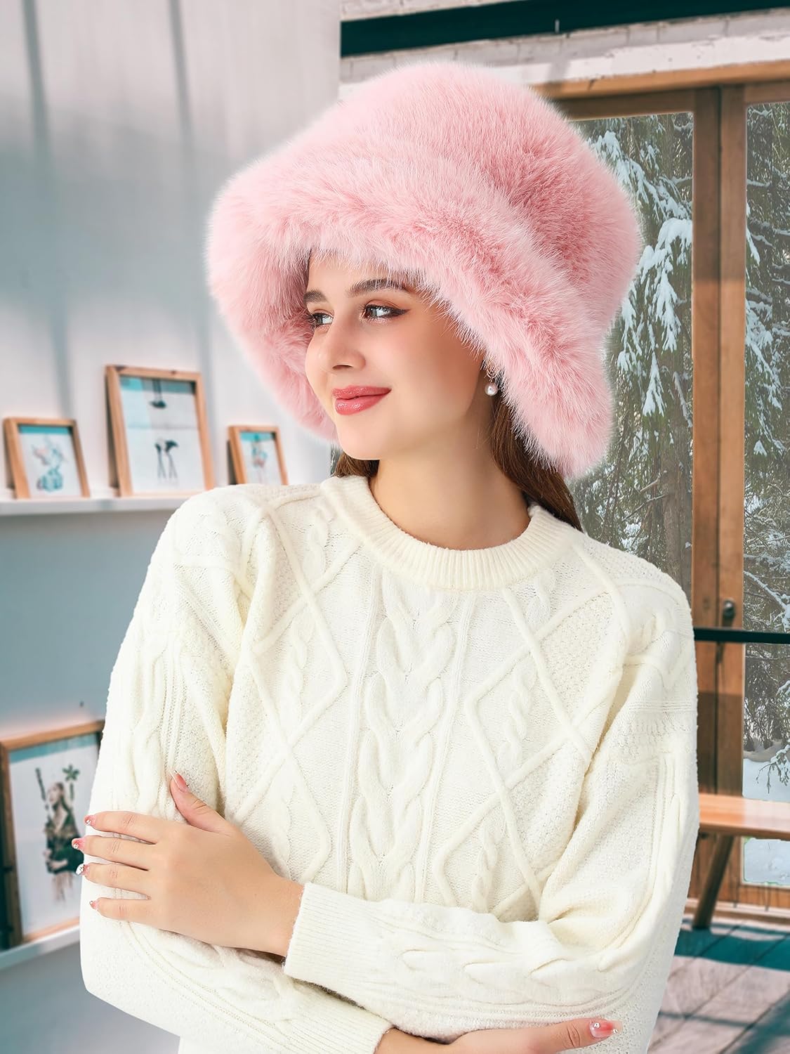 LA CARRIE Women's Fuzzy Wide Brim Faux Fur Bucket Hat Winter Warmer Fisherman Cap - Image 8