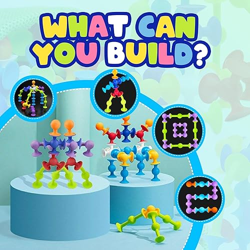 Miniatura 6 de Juguetes de baño para niños pequeños – Juguetes de ventosa para sillas altas – Juguetes de clasificación y apilamiento – Juego de construcción de 50