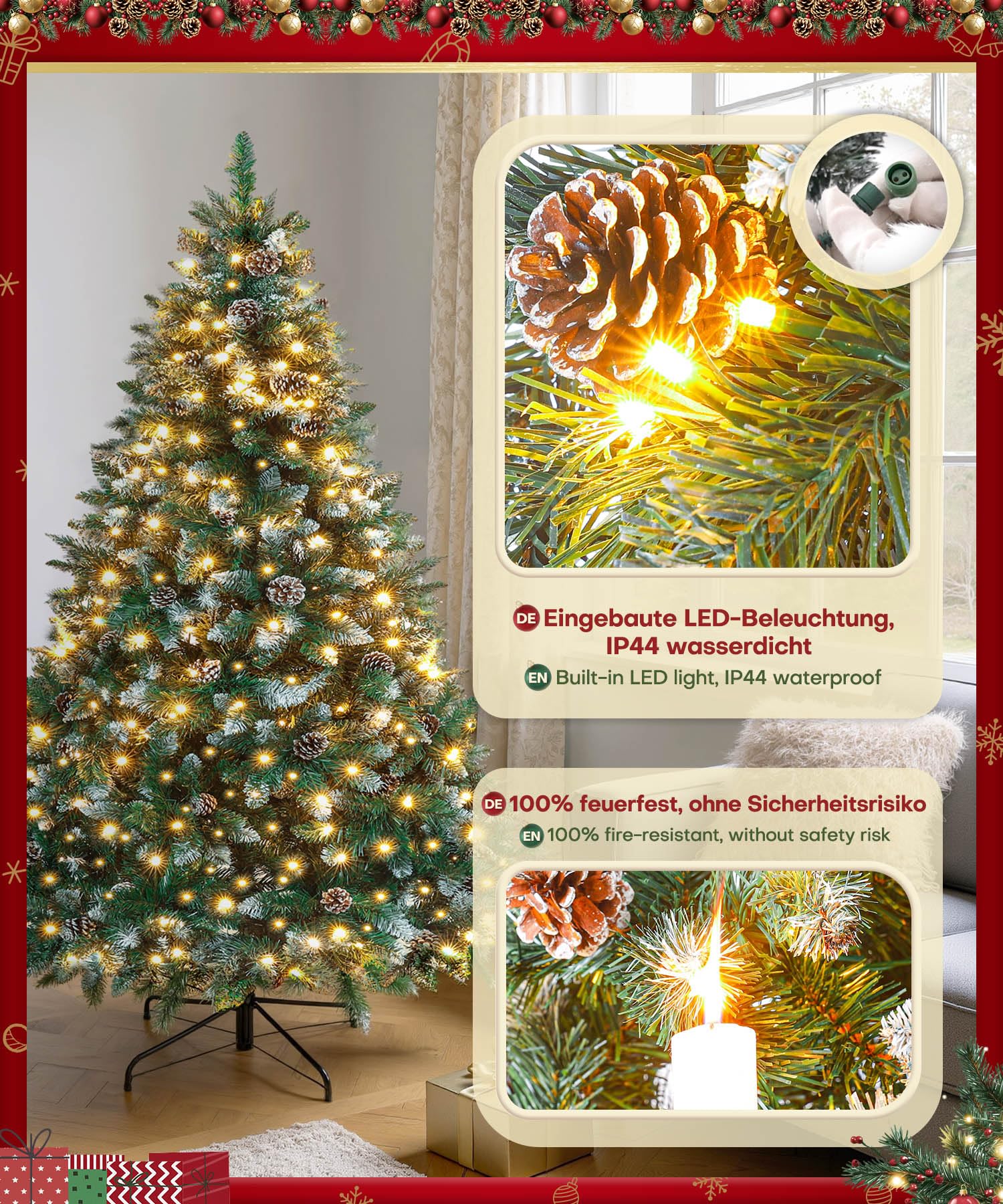 Yorbay künstlicher Weihnachtsbaum mit Beleuchtung und weißem Schnee, LED Tannenbaum für Weihnachten-Dekoration mit echten Tannenzapfen, Feuerbeständig (210CM)