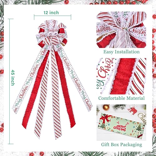 Miniatura 3 de Decoración para árbol de Navidad, lazo de corona de Navidad, 45 x 12 pulgadas, arpillera grande con borde de poliéster blanco y rojo, lazo de regalo