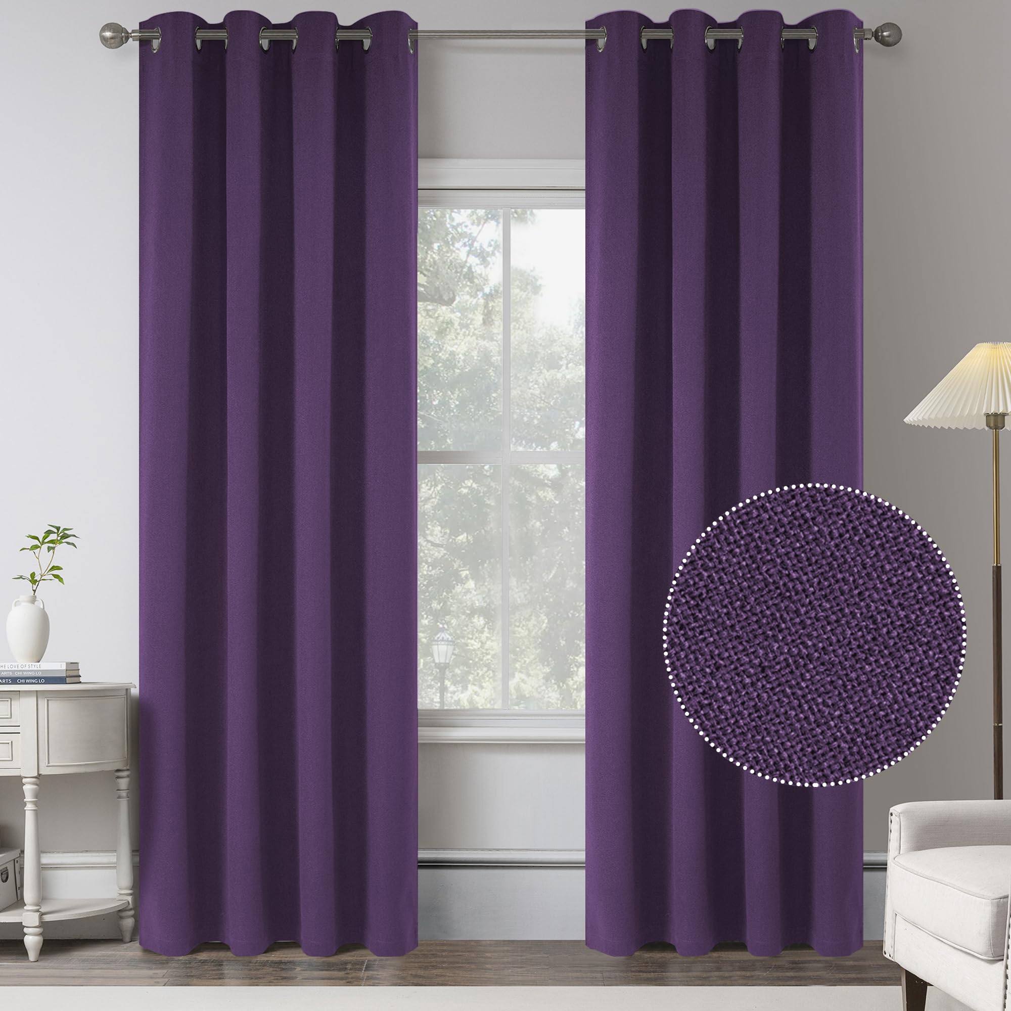 Grape Purple 100% Blackout Linen Curtains,84 Inch Length 2 Panels Bedroom Curtains Blocking All Sun Light -Vintage Style Thermal Insulated Window Curtain Drapes for Living Room,W52 x L84 Inch