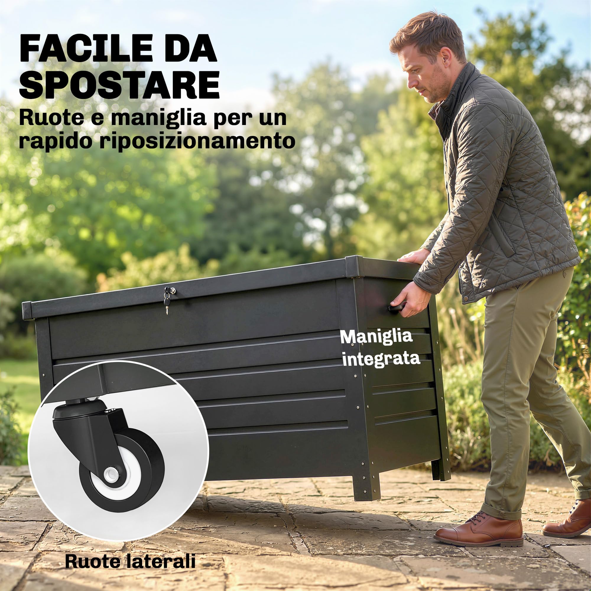 Outsunny Baule da Esterno 350L Acciaio Rinforzato con Coperchio Bloccabile, Pistoni a Gas, Ruote, Grigio