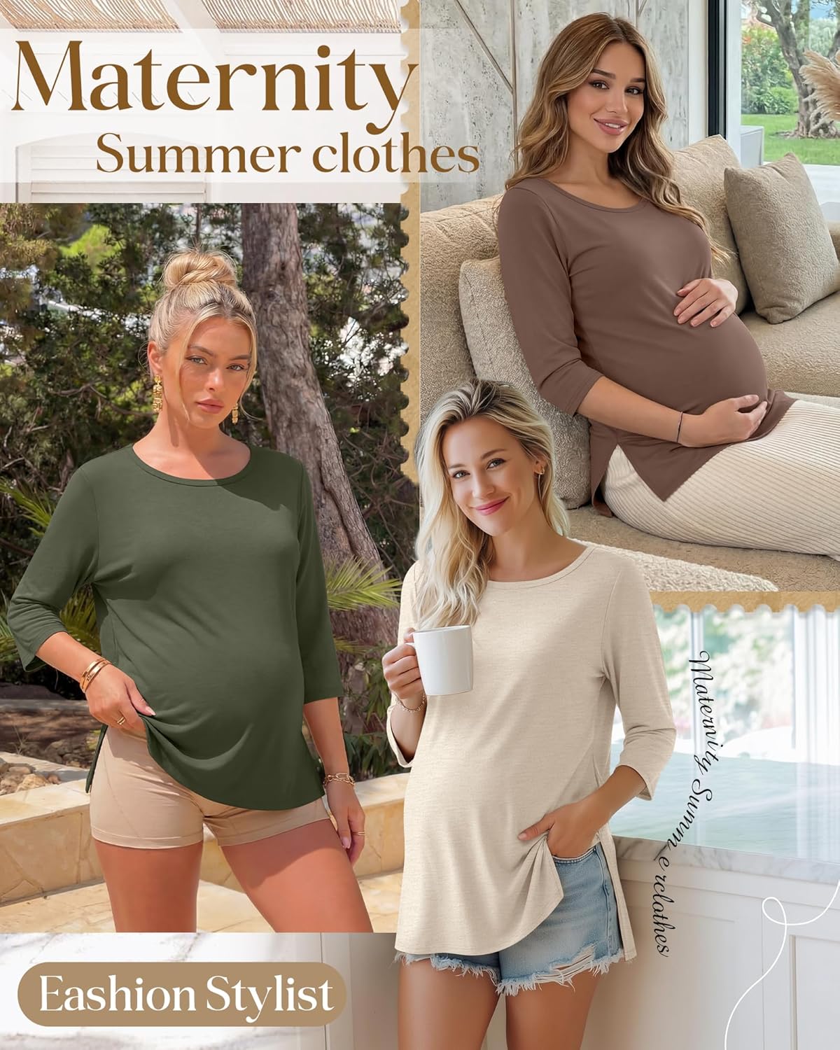 3 Pack Women's 3/4 Sleeve Maternity Shirts Elbow Length Clothes Round Neck Tunics Pregnancy Loose Side Split Tops