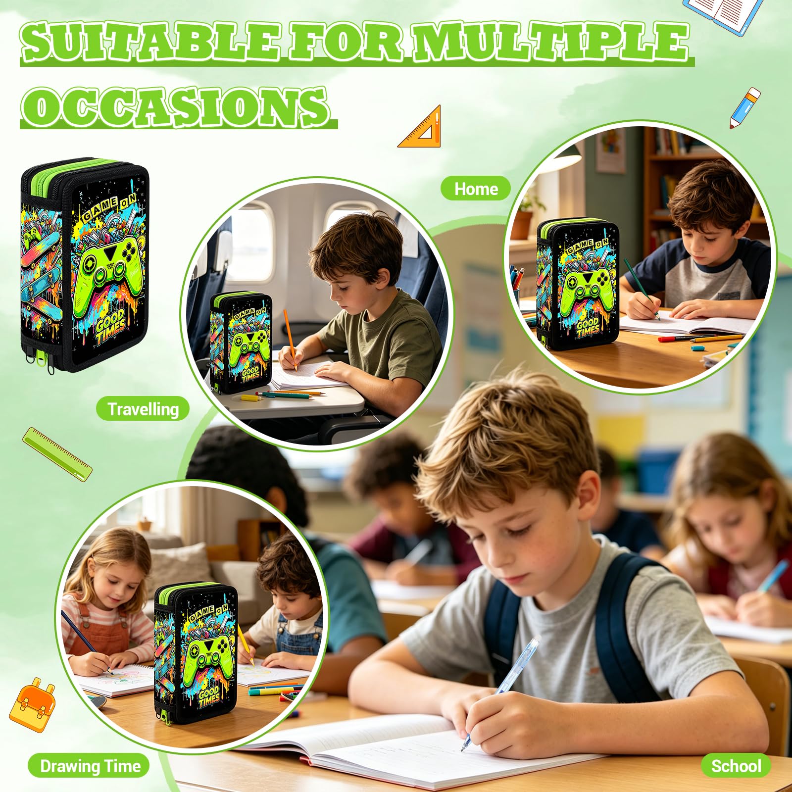 41 Artikel Federmappe Jungen, Federmäppchen 3 Fach Jungen Mäppchen Gefüllt Spiel Set, Federtasche 3 Fächer Einschulung Geschenke für Kinder Schüler mit Radierbaren Stiften, Textmarker, Buntstiften