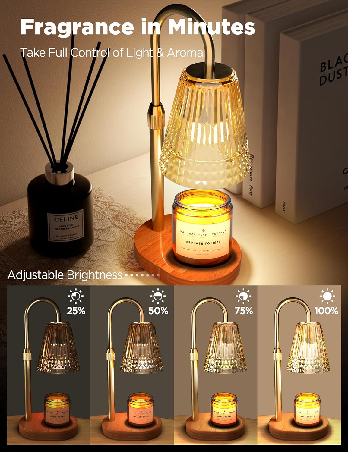 TATAANTY Candle Warmer Lamp with Timer, Wood Base Home Decor Candle Warmers, 4 Lights and 3 Timers. Table Lamp Birthday Gift for Women, Suitable for Room, Bedroom, Offices, and Living Rooms