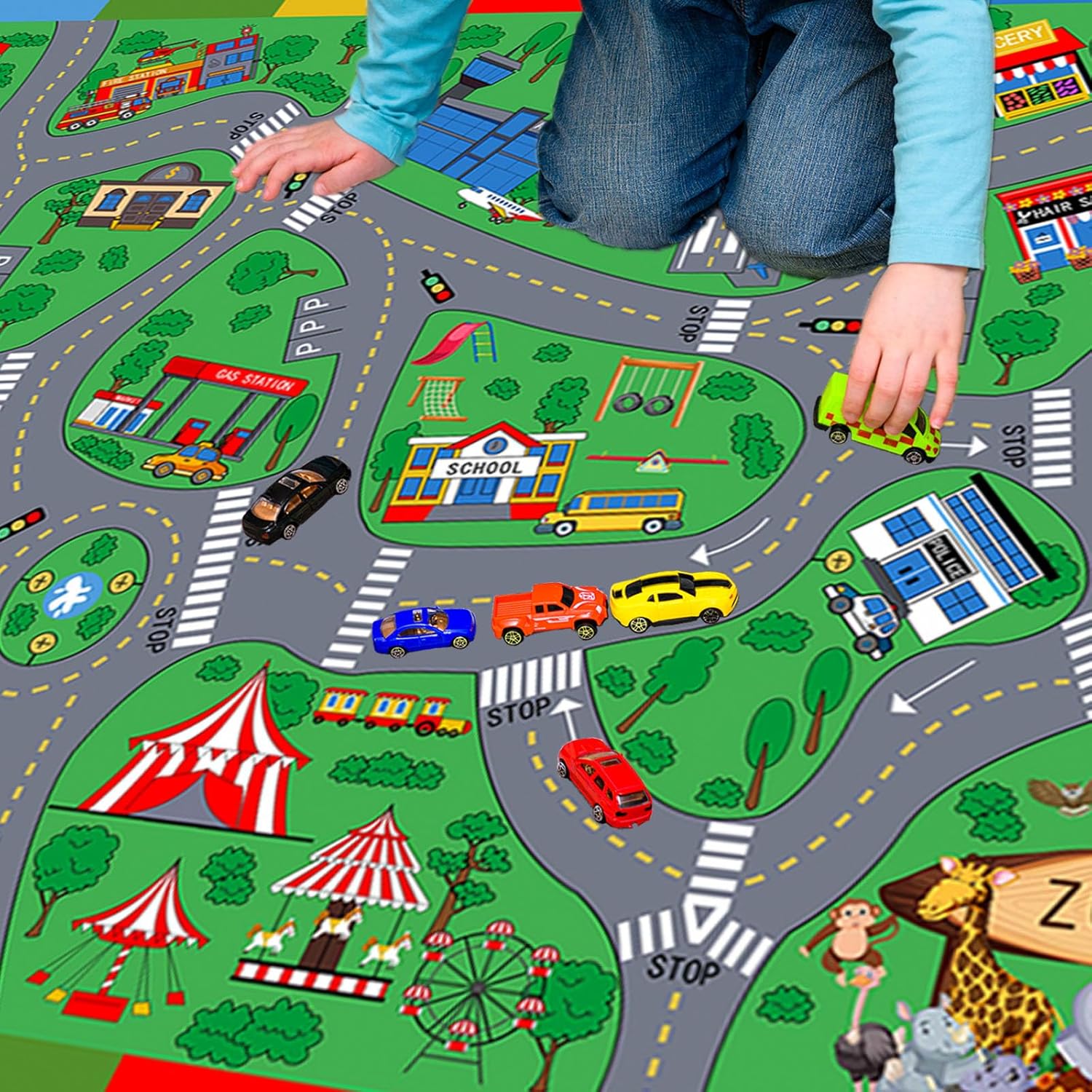 Kids Play Mat, Super Soft Car Track Rug, ABC and Shapes Educational Playmat, Non-Slip City Road Traffic Carpet Nursery Rugs for Playroom Bedroom Boys, Children Play Area Rug