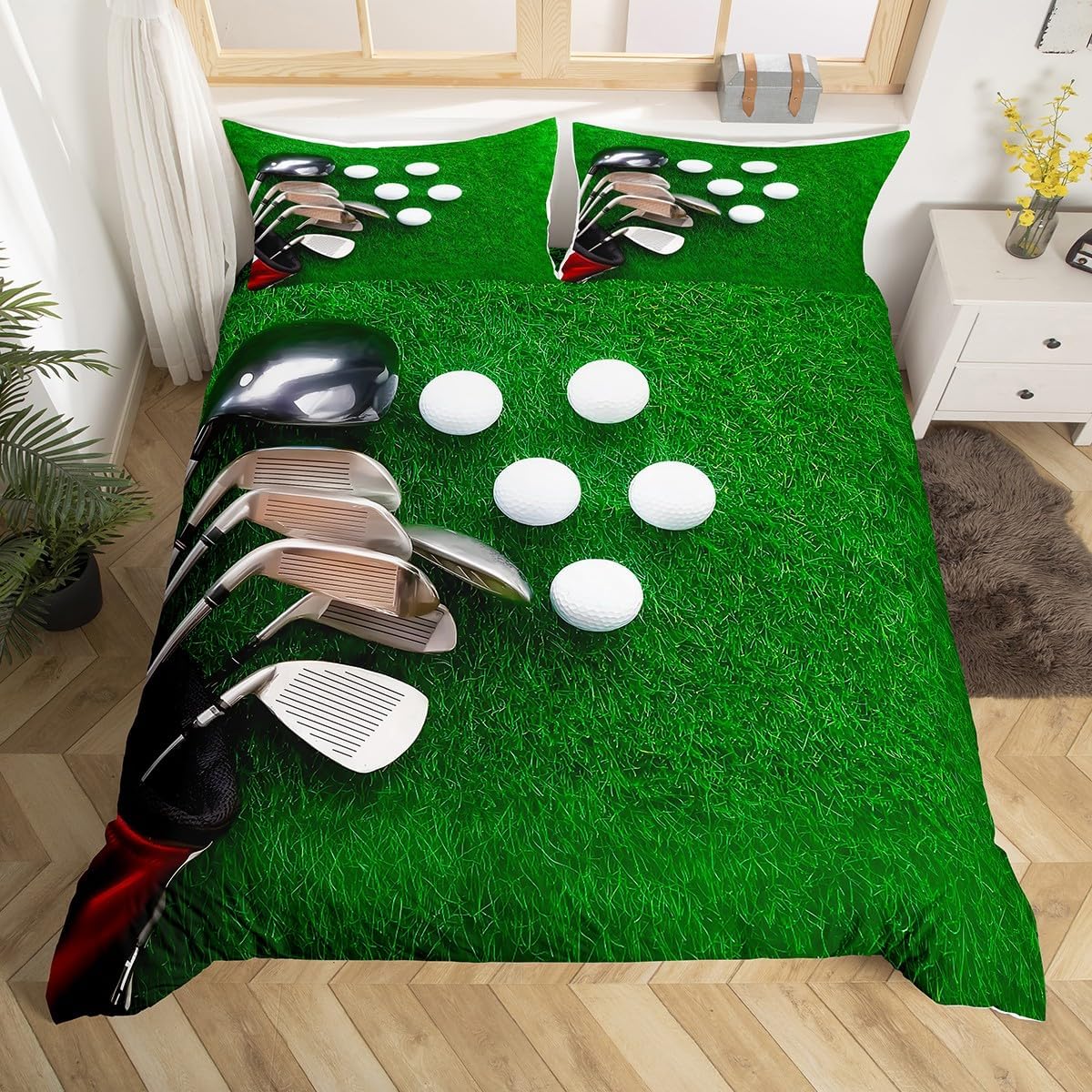 Erosebridal Golf Bedding Set Queen,Ball Games Sports Comforter Cover Golf Club Duvet Cover for Kids Boys Teens Adults Men,3D Green Golf Course Bedspread Cover with 2 Pillow Cases Bedroom Decor