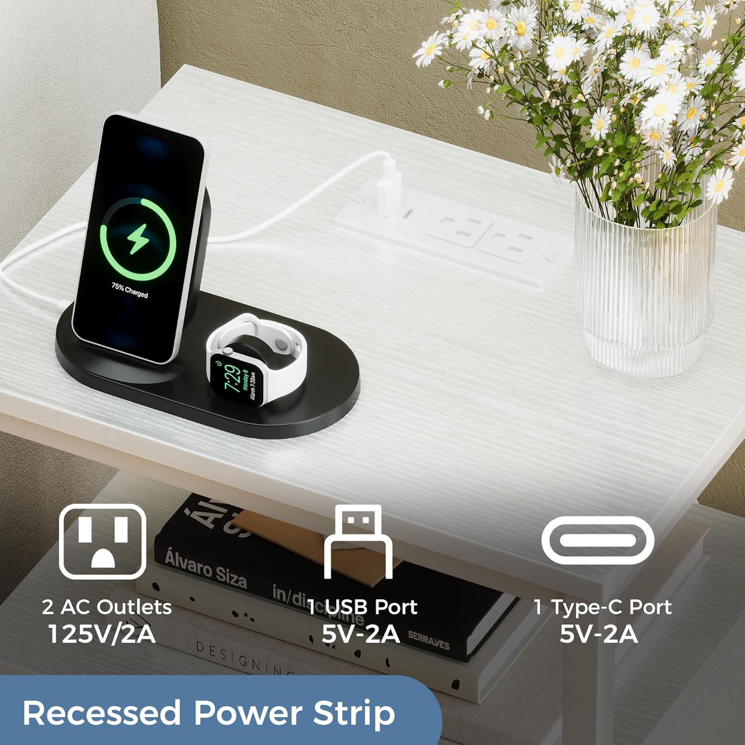 DUMOS Nightstand Set of 2 with Built in Charging Station USB Ports and Outlets Adjustable Fabric Drawer Storage Bedside Table with Open Shelf for Bedroom,White