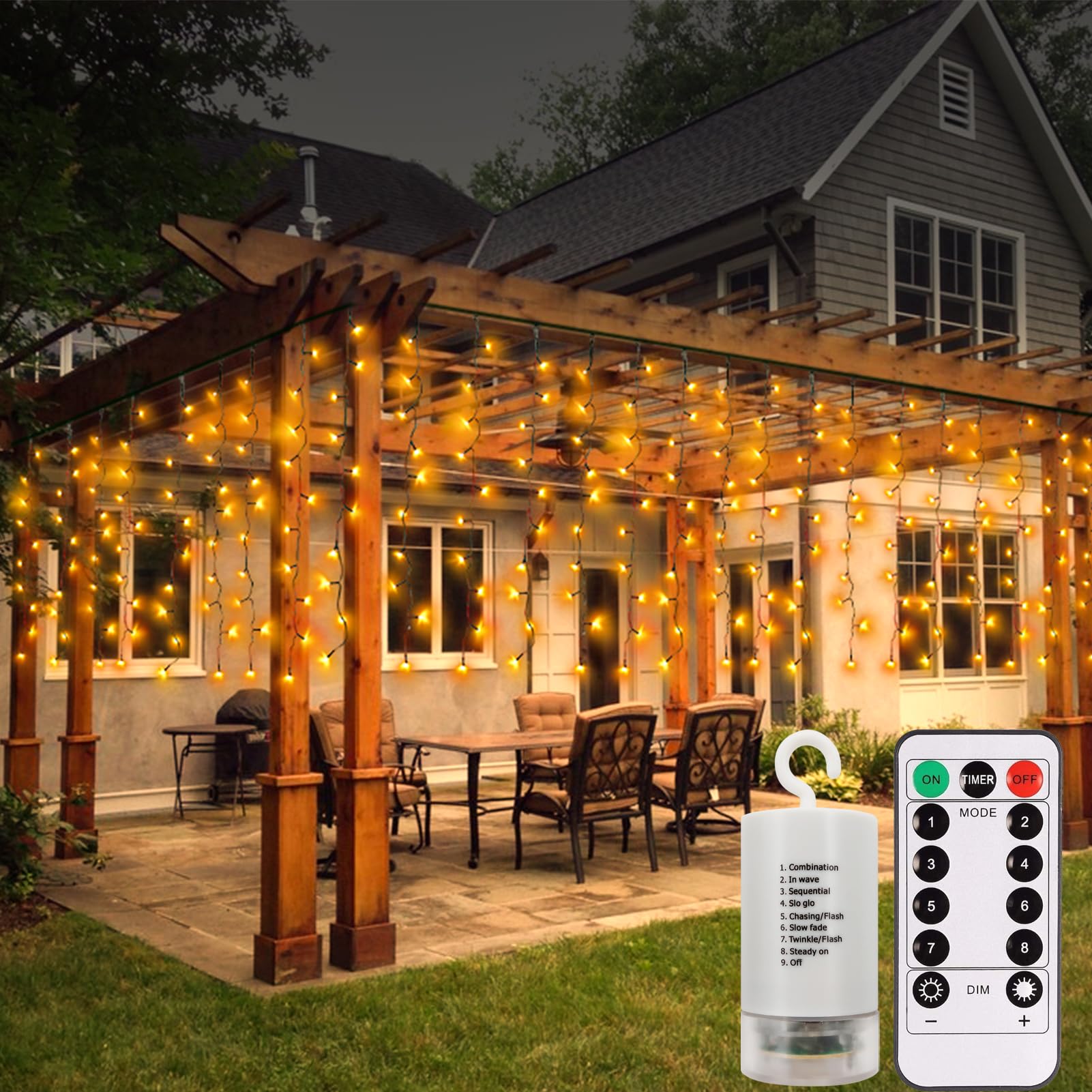 CCILAND Christmas Curtain Lights Battery Operated, 4M x 1M 200 LED Curtain Lights Outdoor Green Wire Curtain String Lights with Remote Warm White Fairy Curtain Lights for Wedding Party Decor