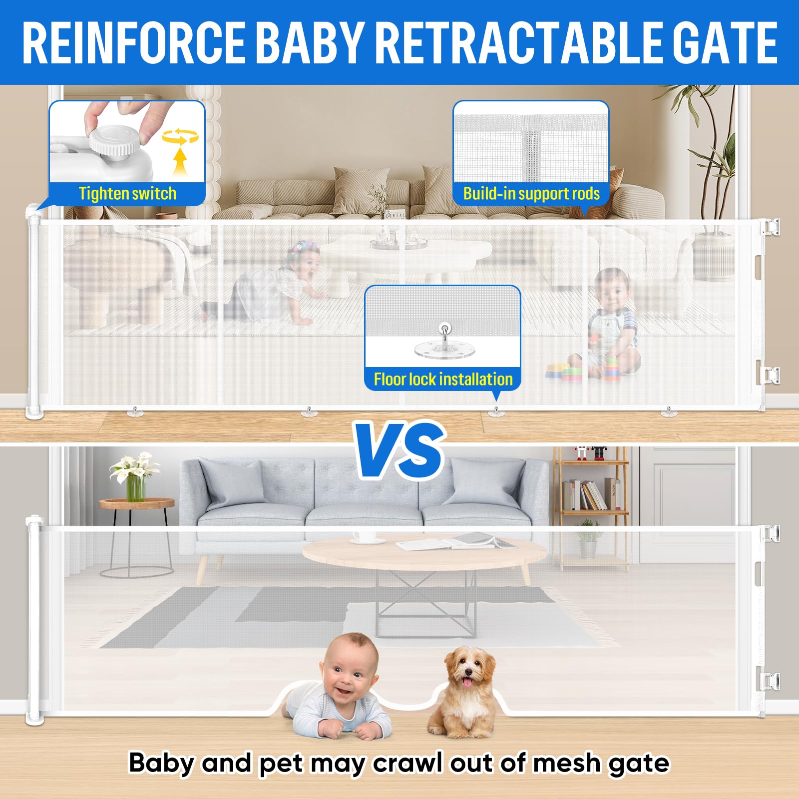 Cancelletto di Sicurezza Retrattile per Bambini, 0-500 cm Cancelletto Estensibile per Bambini Scale e Corridoi Interni ed Esterni Cancello per Cani (Bianco)