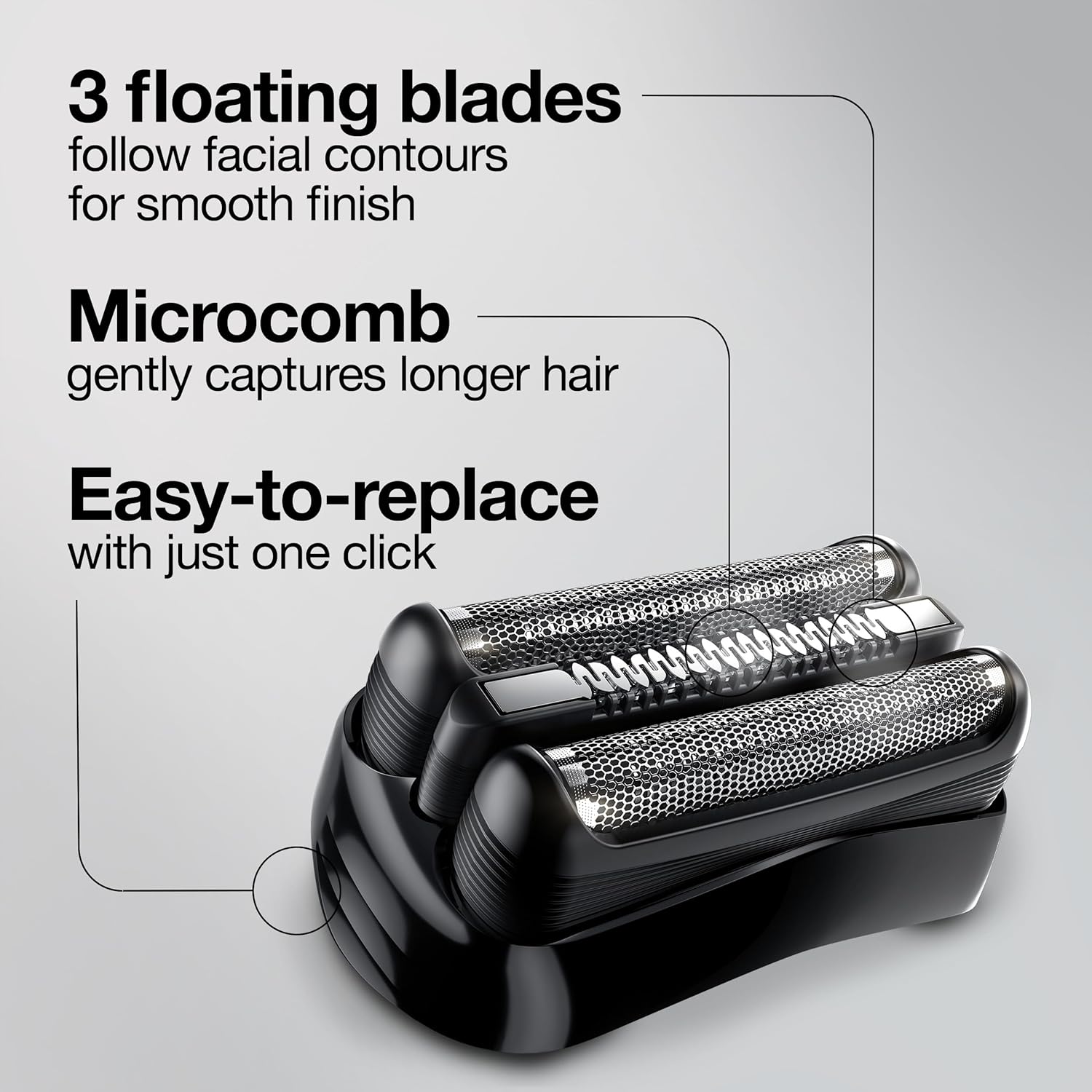 Close-up view of the Braun 21B shaver head, highlighting its three floating blades and Microcomb technology.