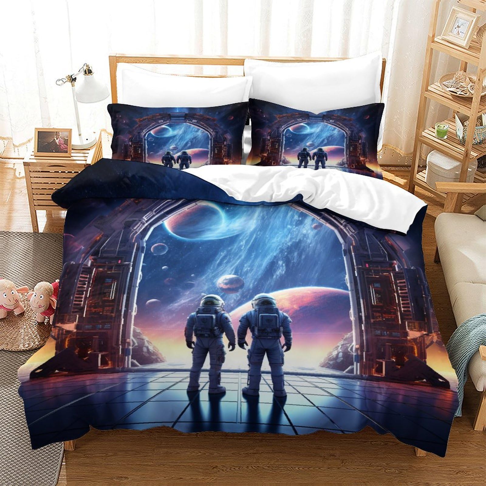 Housse de couette astronaute 140x200 cm en microfibres pour lit simple enfant