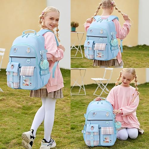 Miniatura 6 de Mochila para niñas de 15.6 pulgadas para computadora portátil, mochila escolar para niños, 3 piezas, mochilas, caja de almuerzo, estuche para