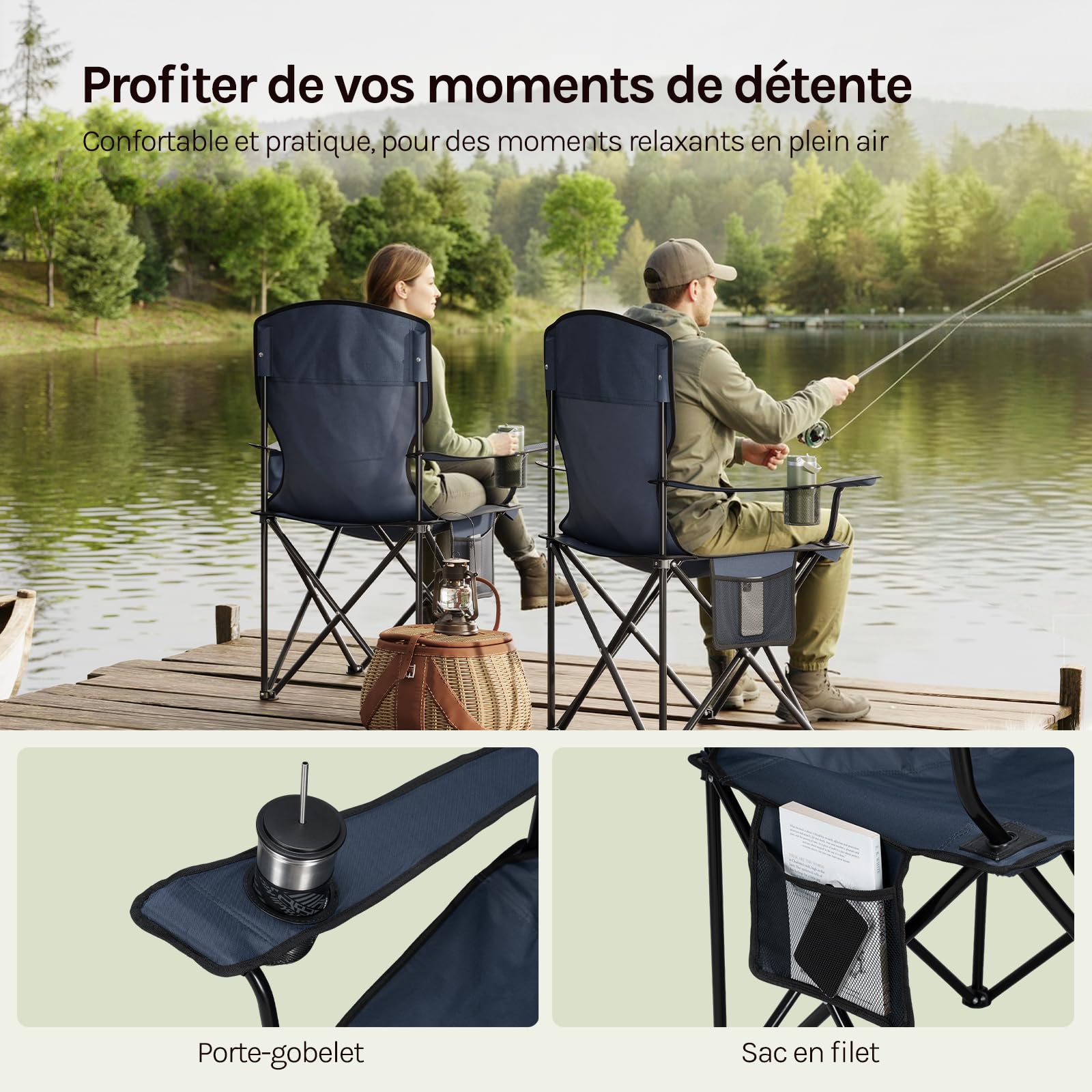 WOLTU Chaise Camping Pliante, Lot de 2, Sac Isotherme, Bleu Marine